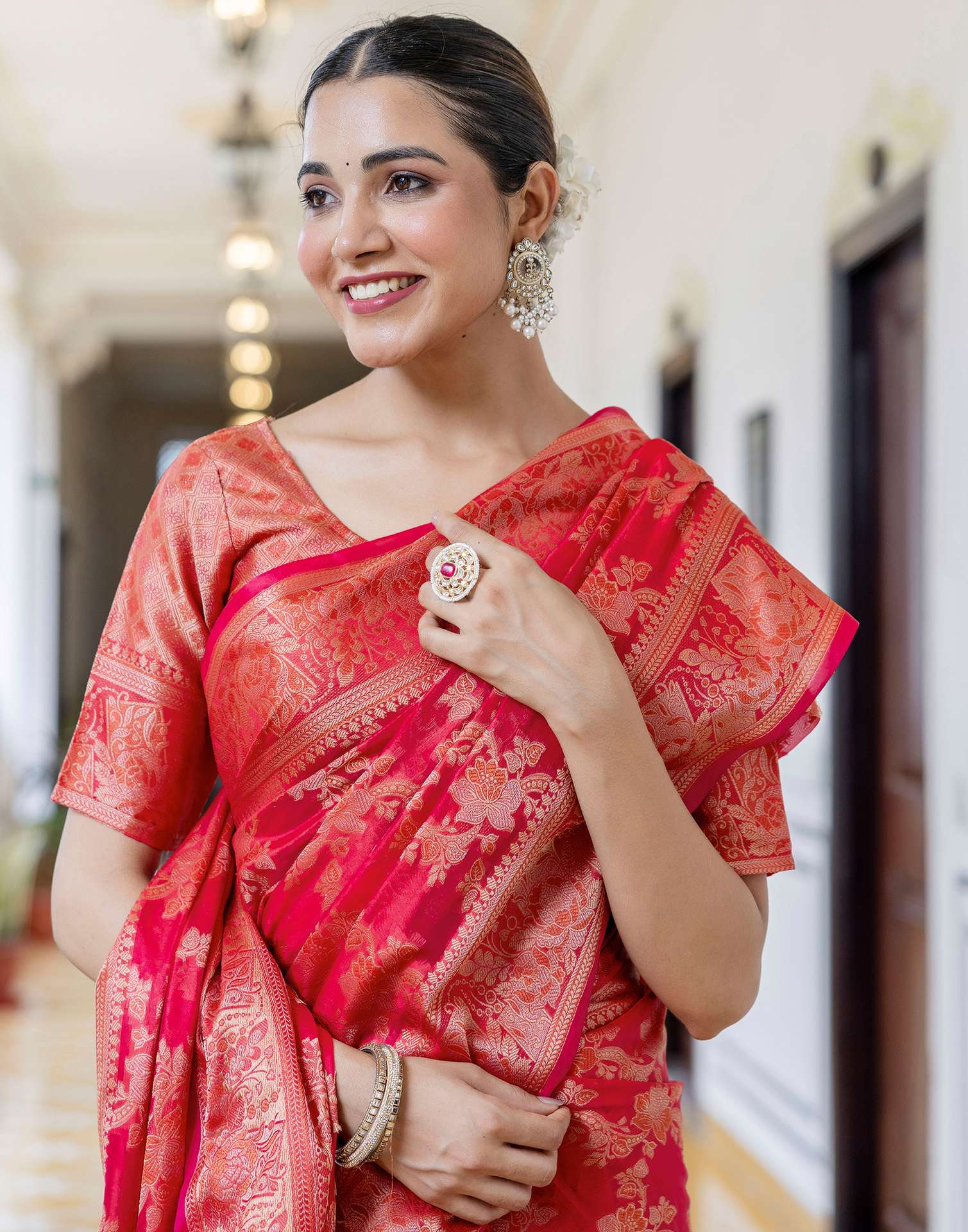 Light Red Chanderi Woven Banarasi Saree - Image 2