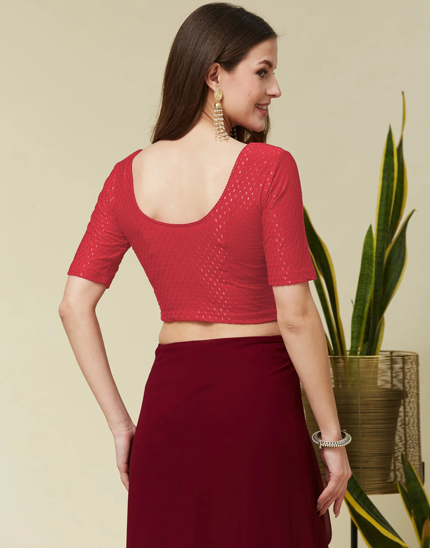Light Red Cotton Dyed Self Woven Blouse - Image 6