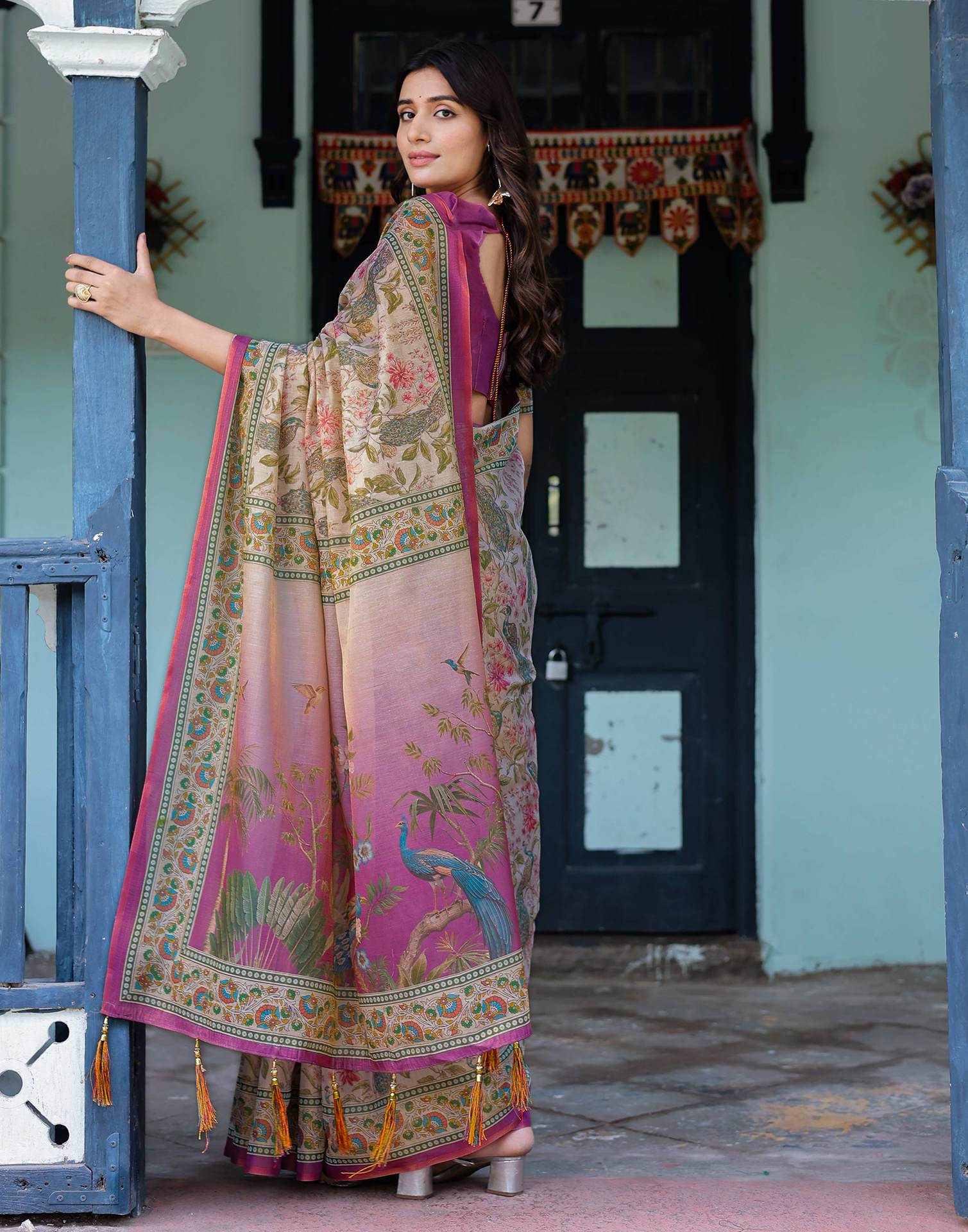 Light Rose Pink Shimmer Silk Printed Saree - Image 8