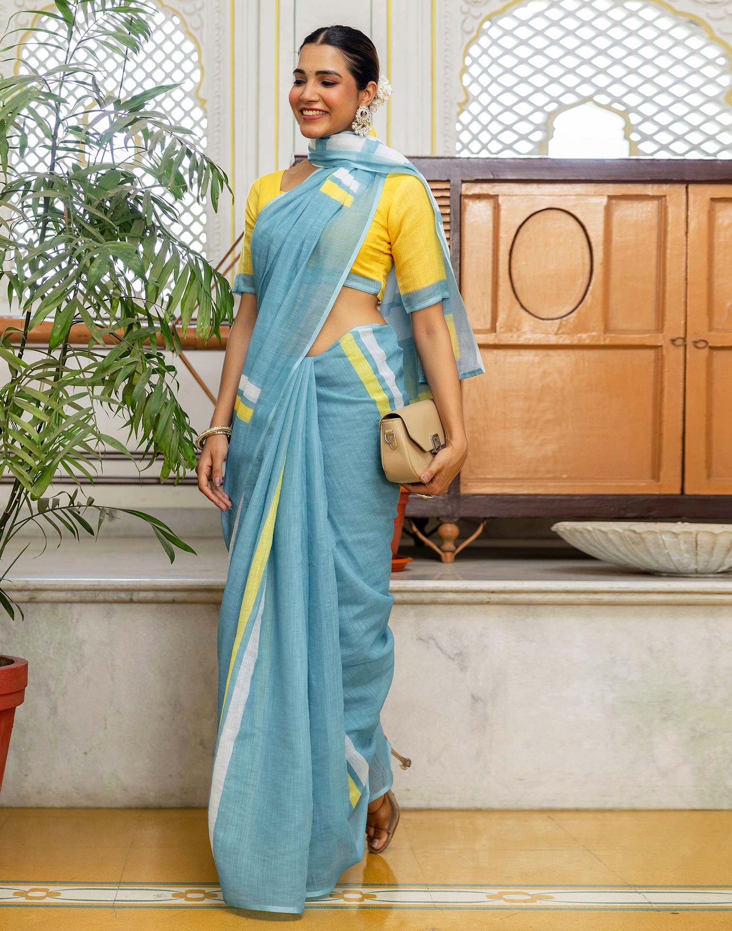 Light Teal Blue Linen Printed Saree - Image 6
