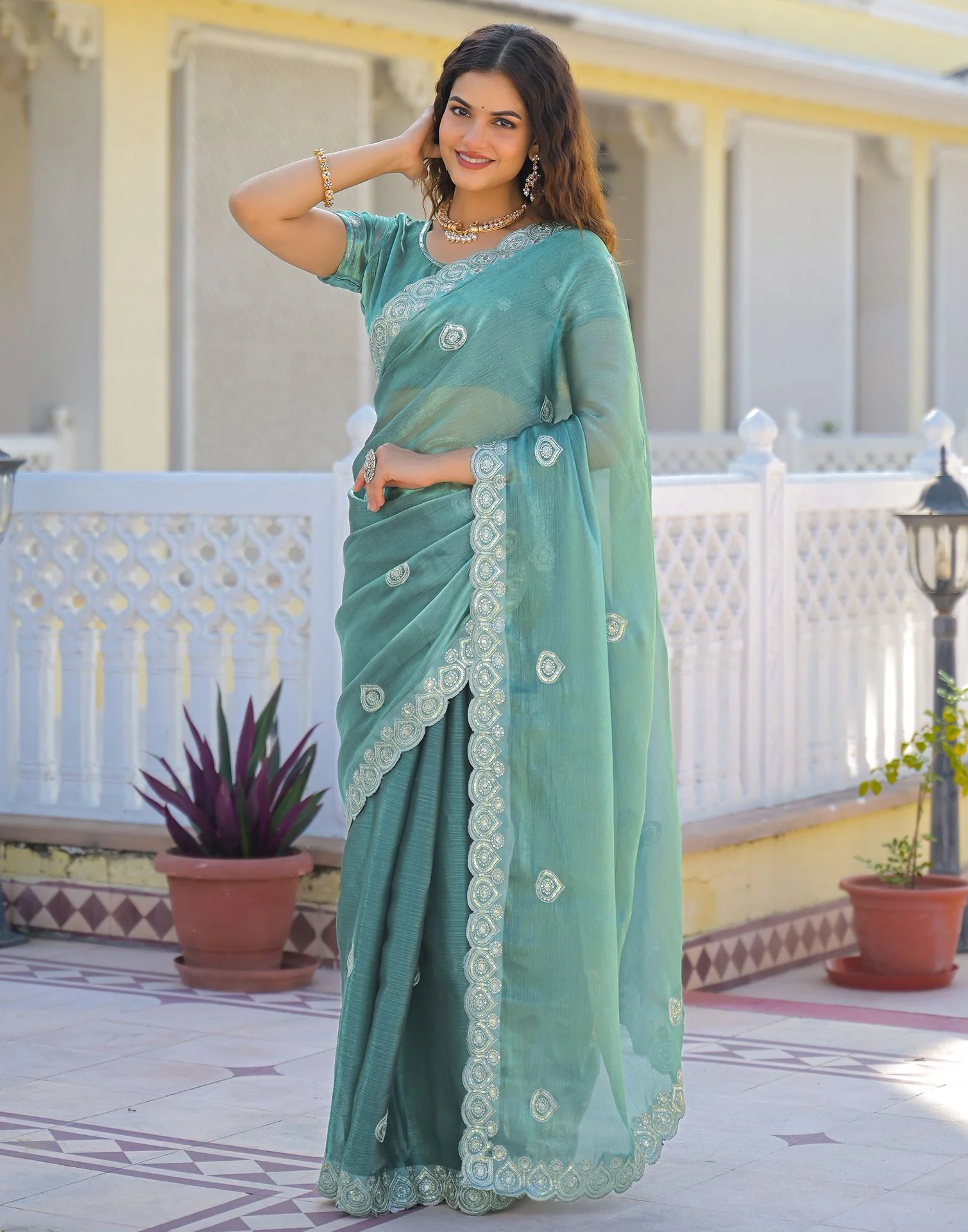 Light Teal Blue Shimmer Sequence Embroidery Saree - Image 5