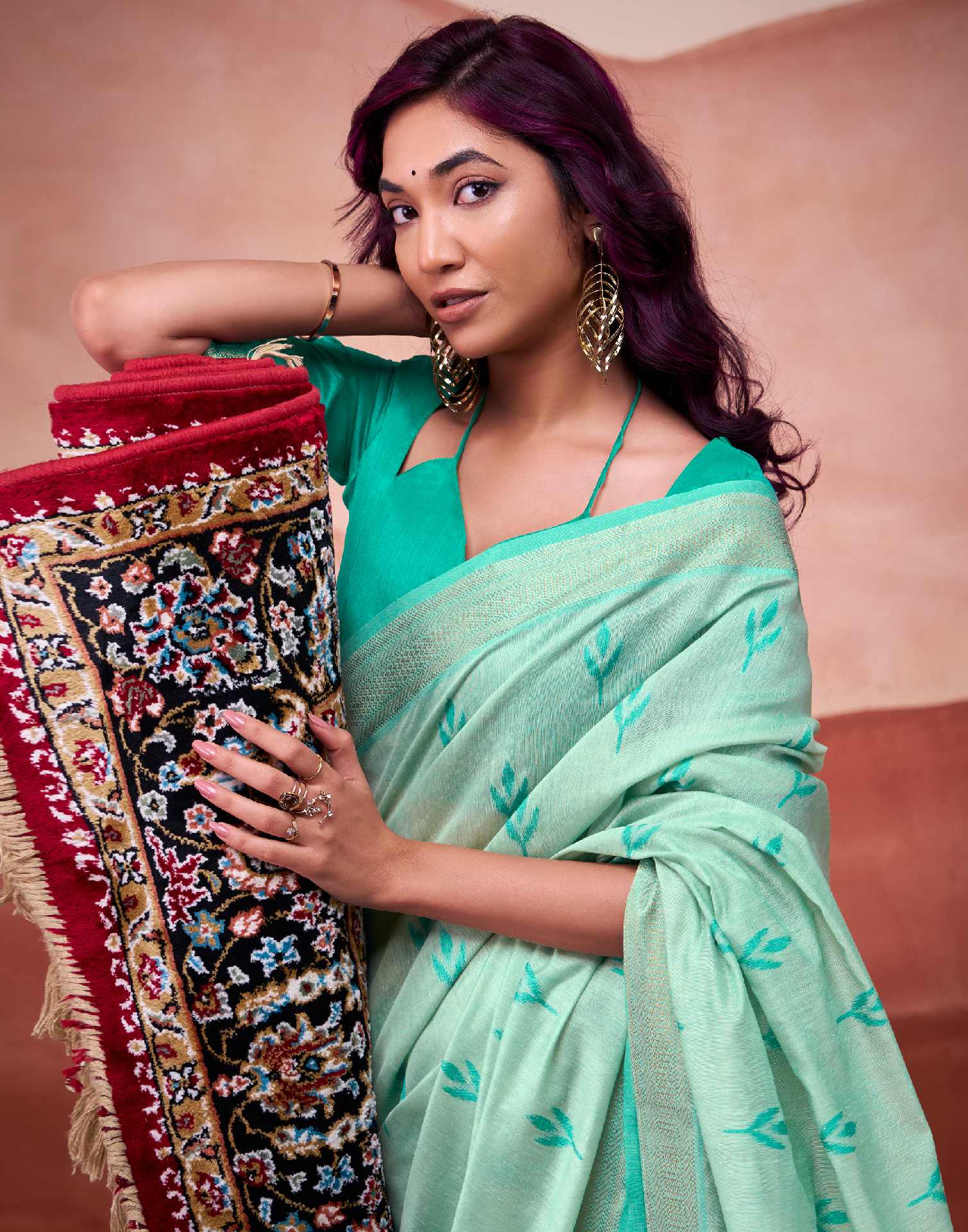 Light Teal Green Cotton Woven Printed Saree - Image 4