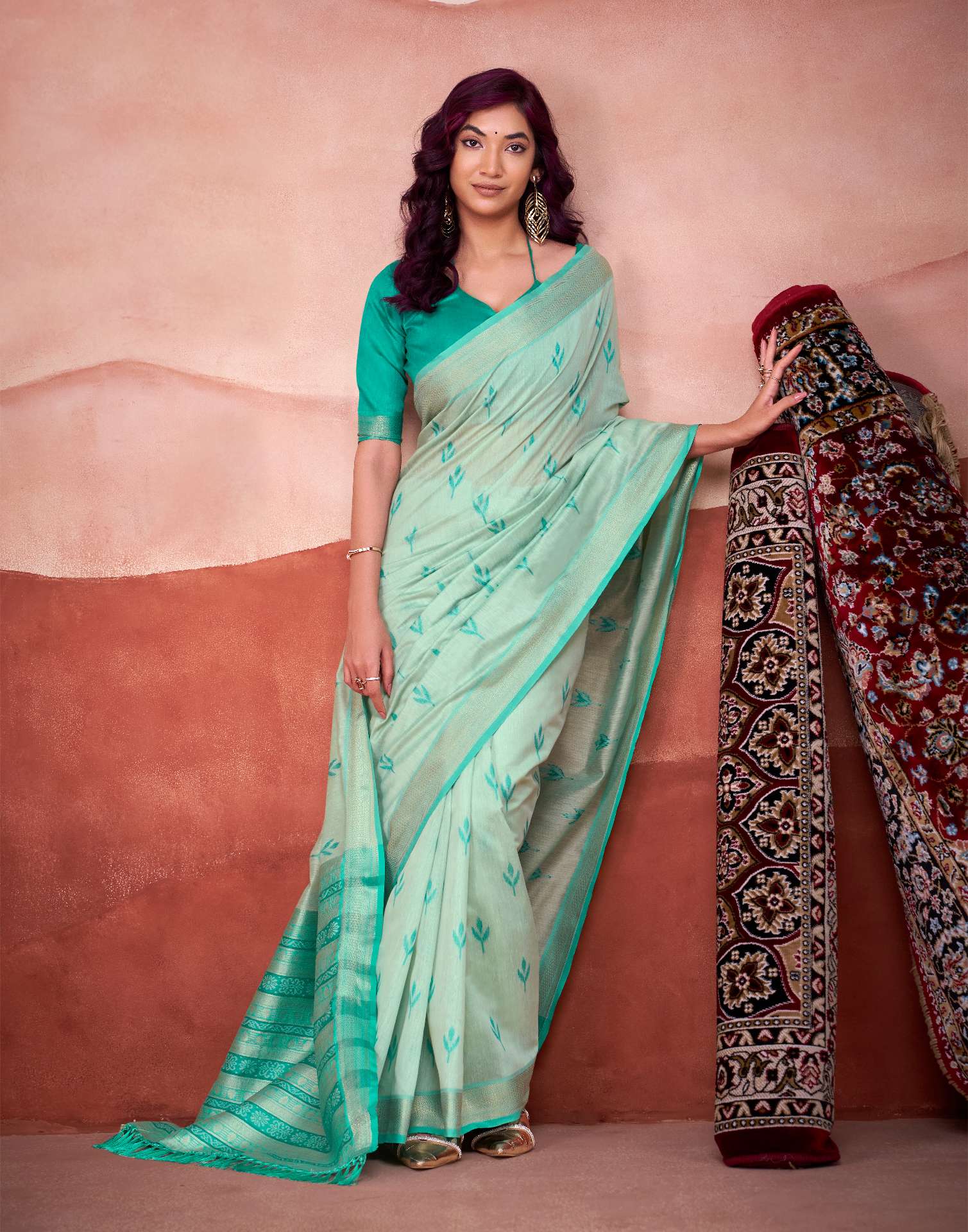 Light Teal Green Cotton Woven Printed Saree - Image 5