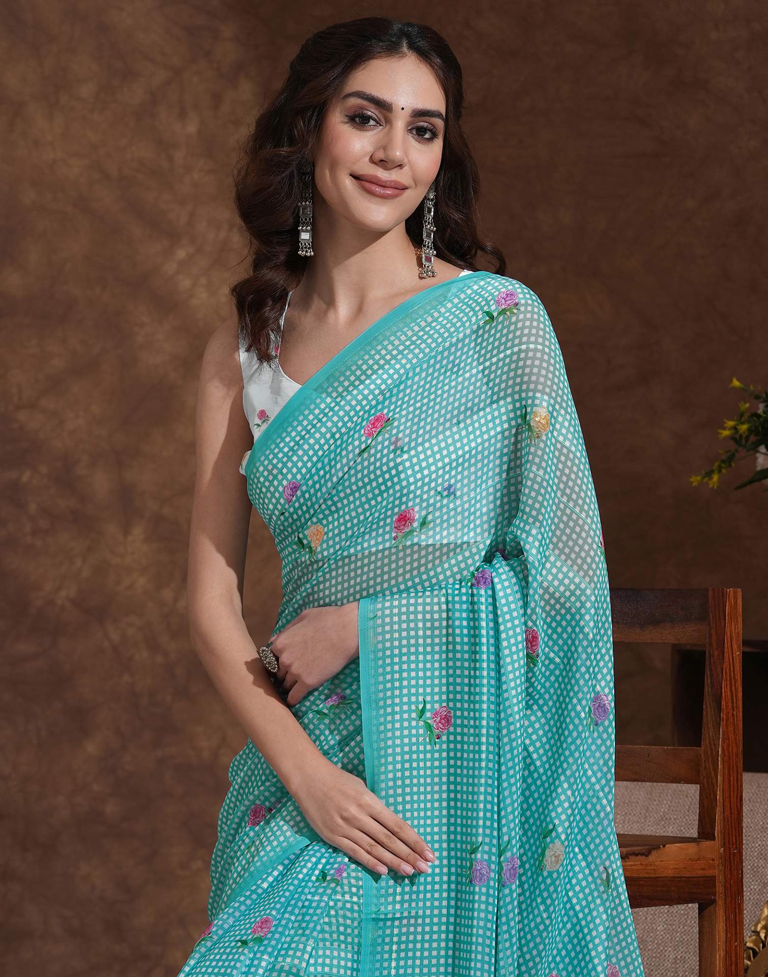 Light Turquoise Georgette Printed Saree - Image 2