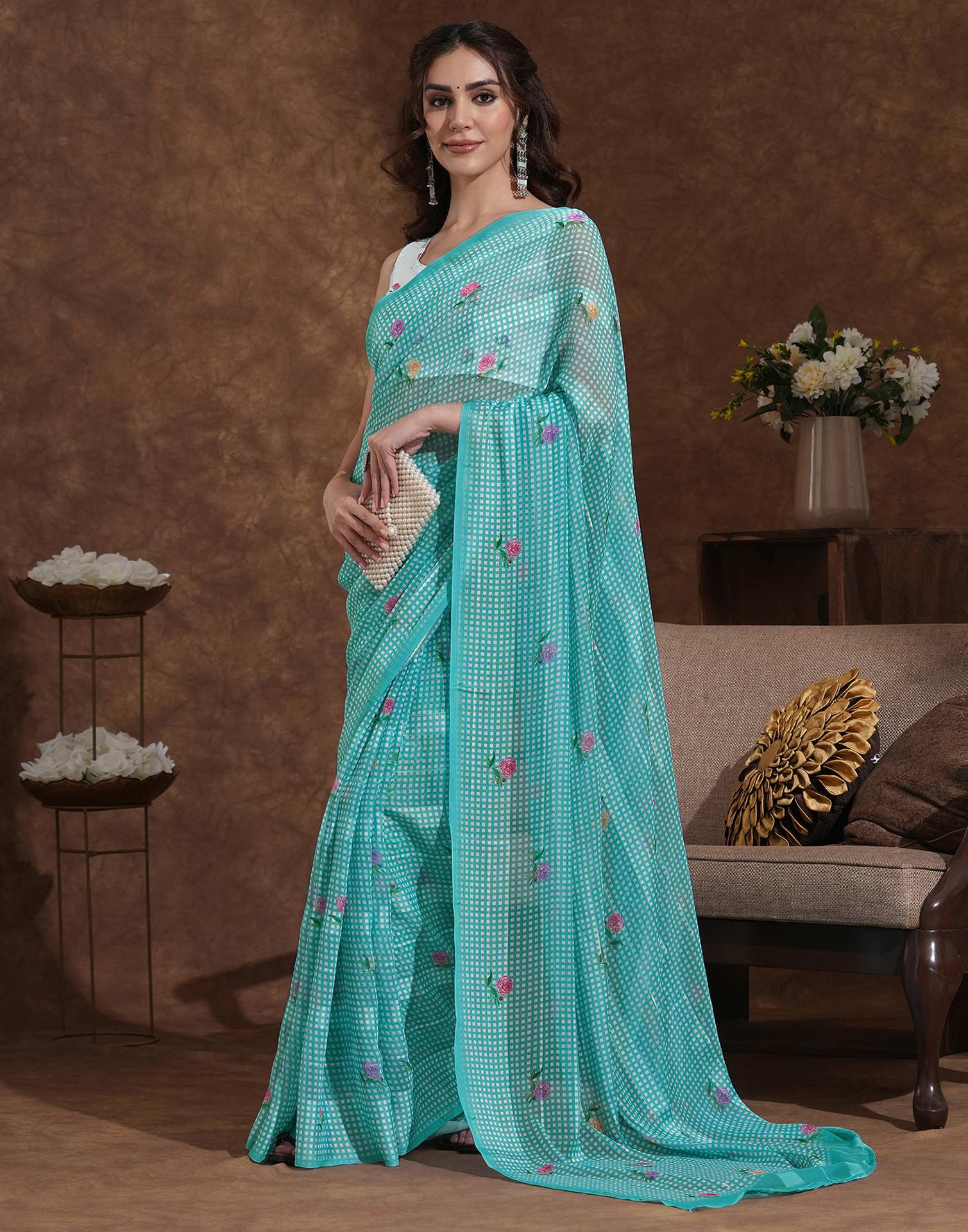 Light Turquoise Georgette Printed Saree - Image 4