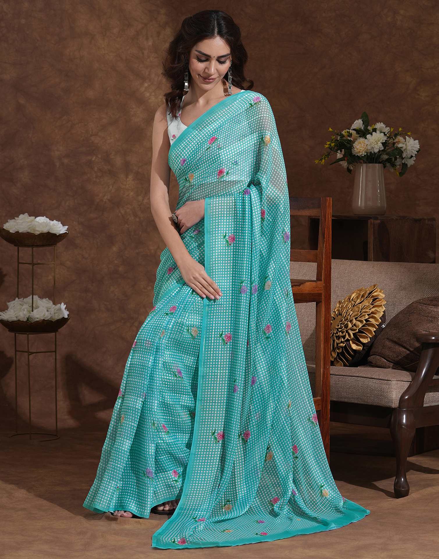 Light Turquoise Georgette Printed Saree - Image 5