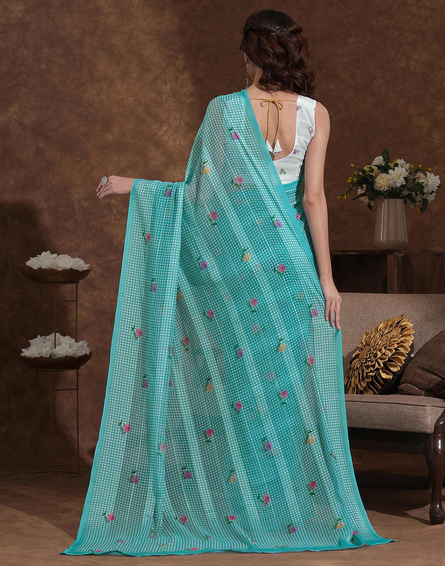 Light Turquoise Georgette Printed Saree - Image 6