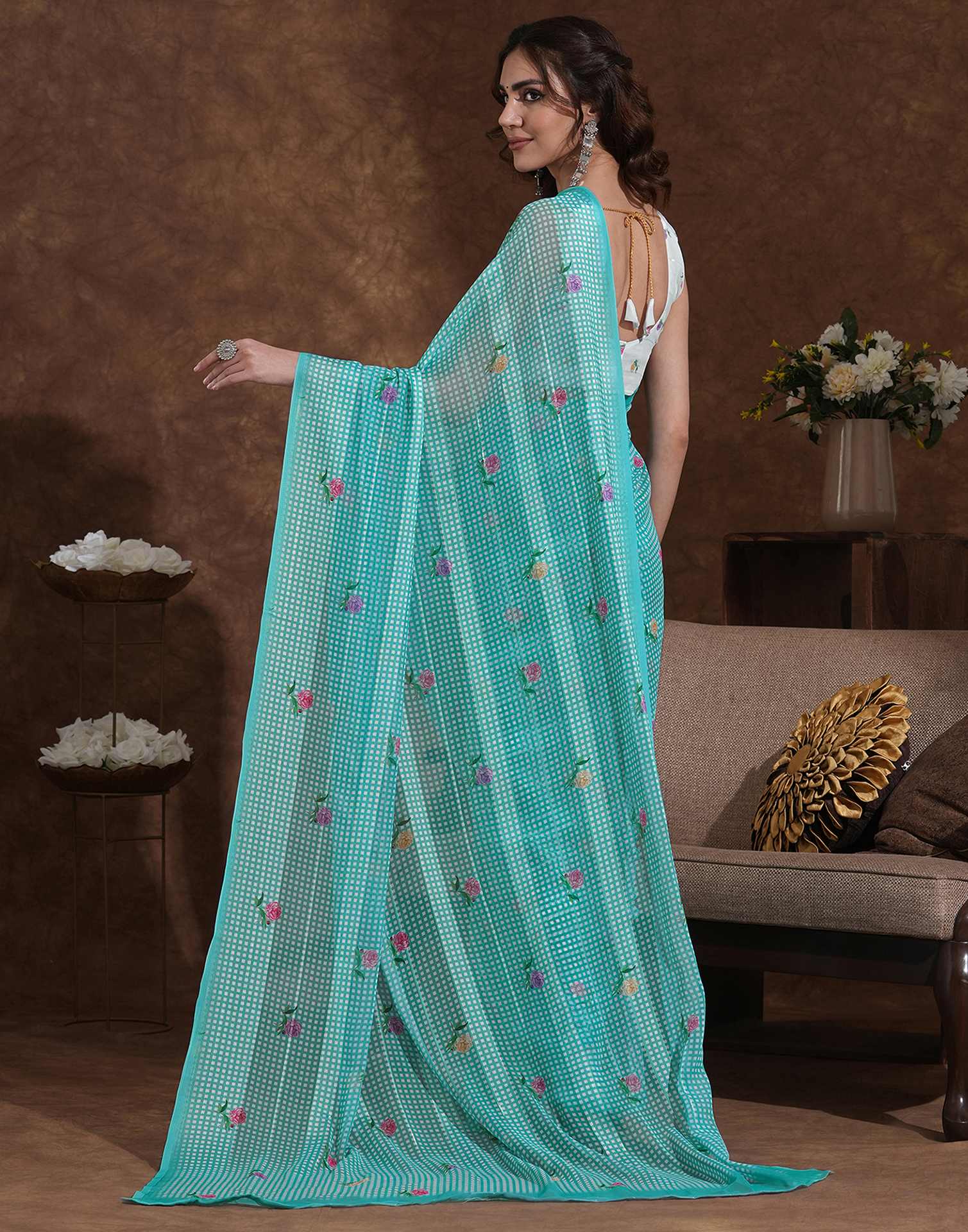 Light Turquoise Georgette Printed Saree - Image 7
