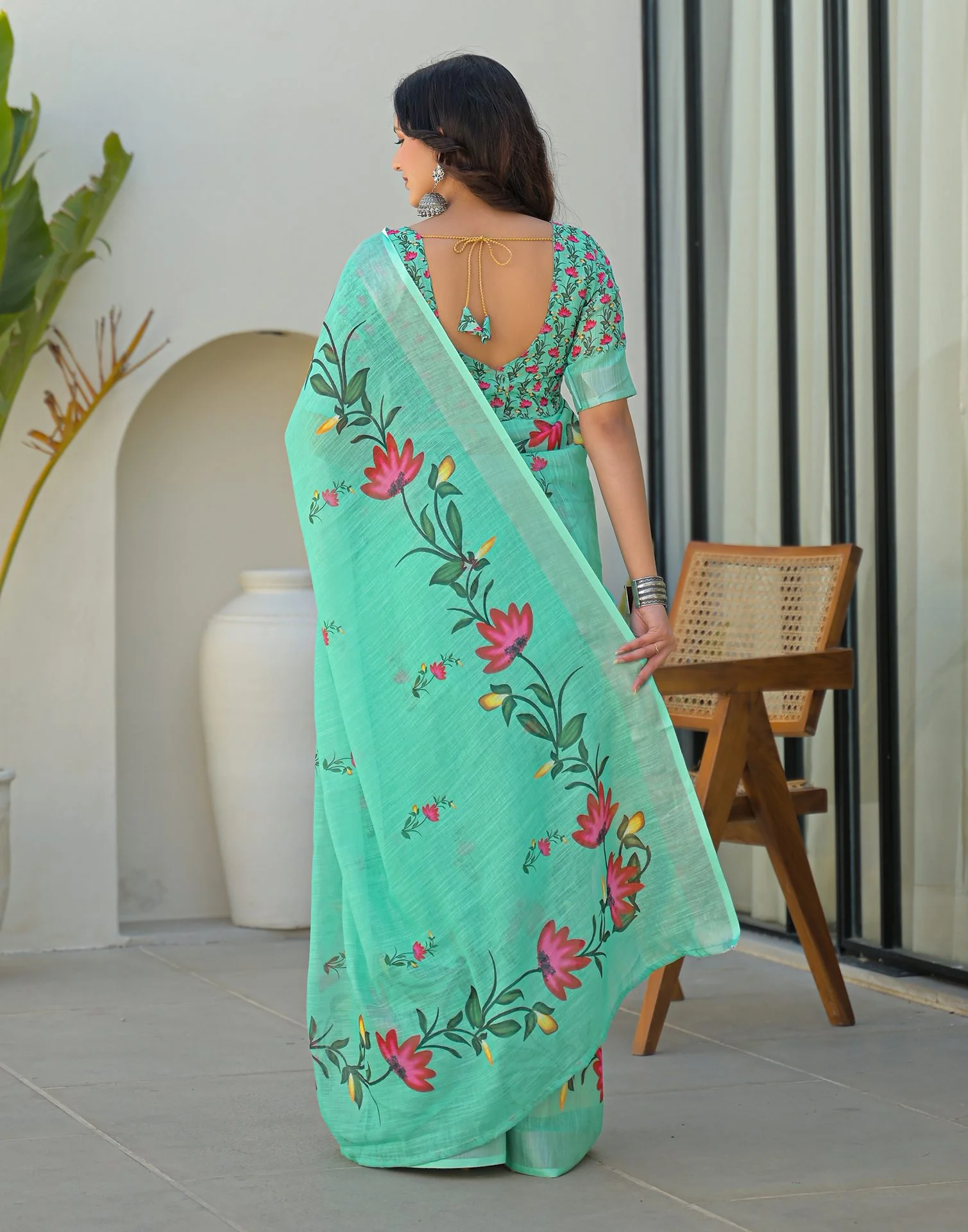 Light Turquoise Linen Floral Printed Saree - Image 6