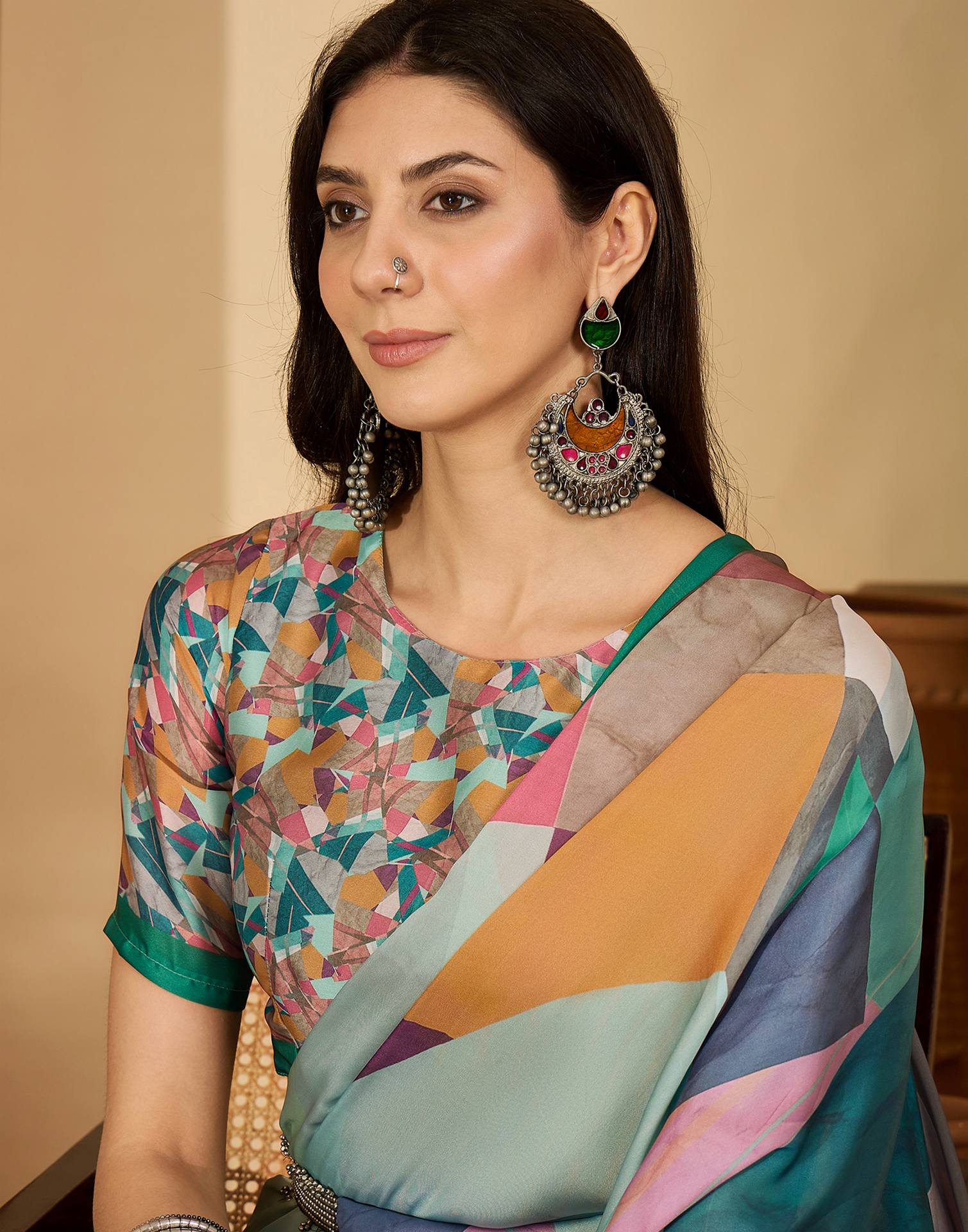 Light Turquoise Satin Printed Saree - Image 2