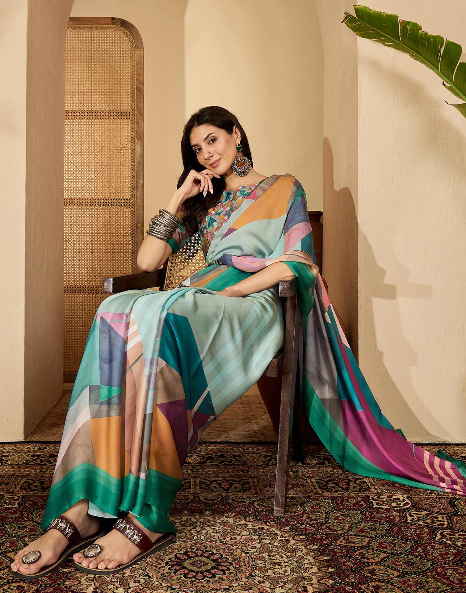 Light Turquoise Satin Printed Saree - Image 4
