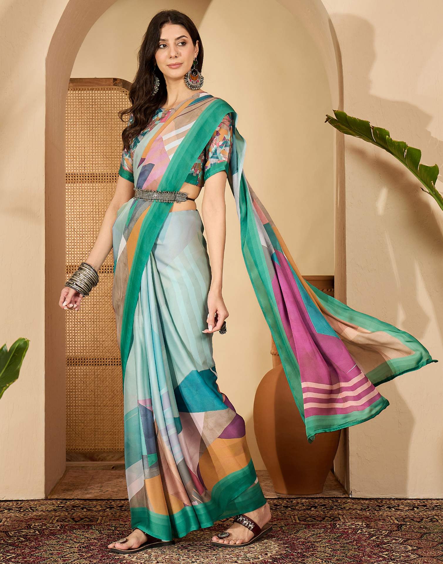Light Turquoise Satin Printed Saree - Image 5