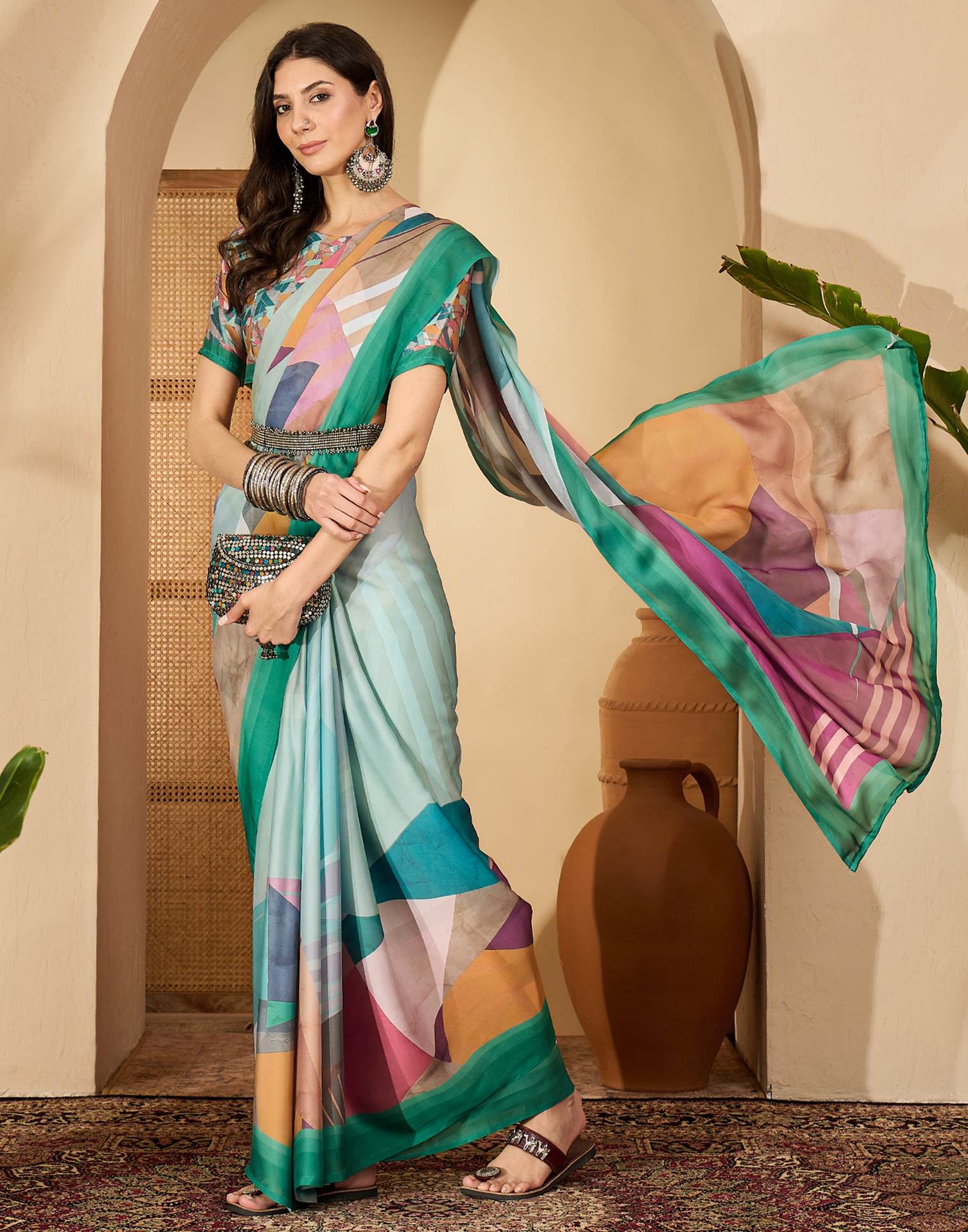 Light Turquoise Satin Printed Saree - Image 6