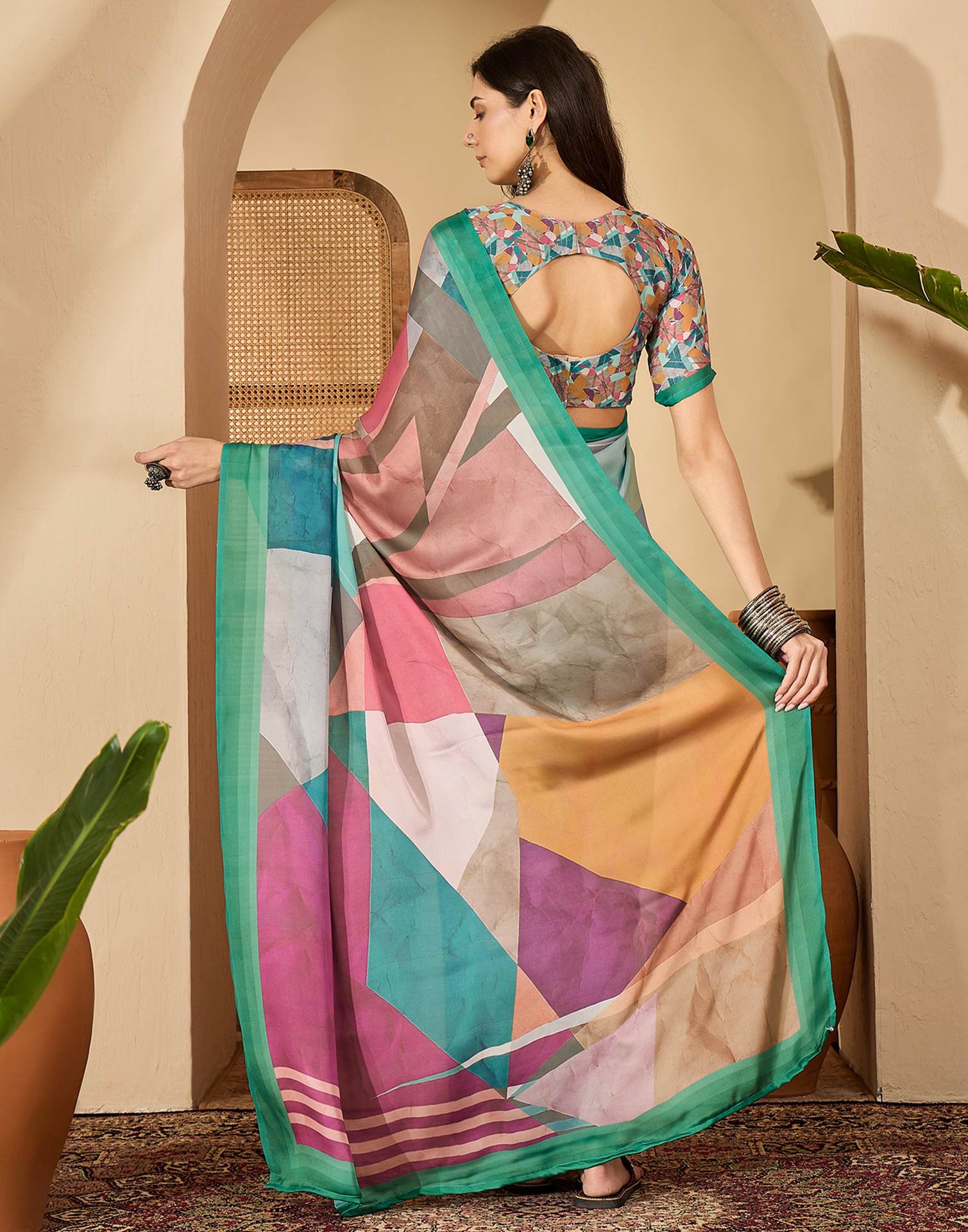Light Turquoise Satin Printed Saree - Image 7