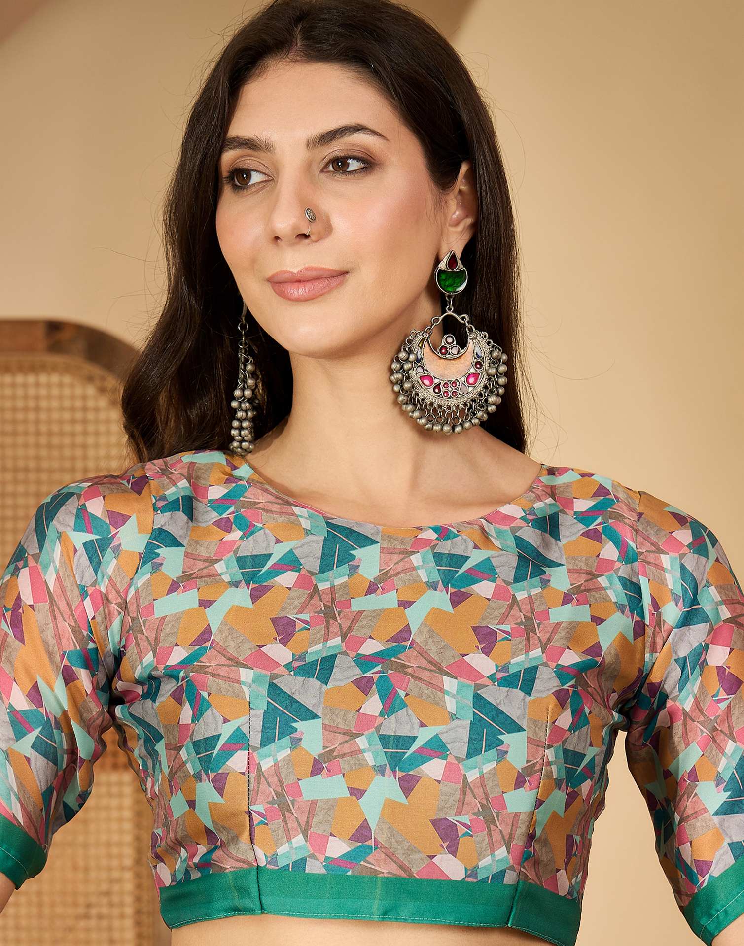 Light Turquoise Satin Printed Saree - Image 8