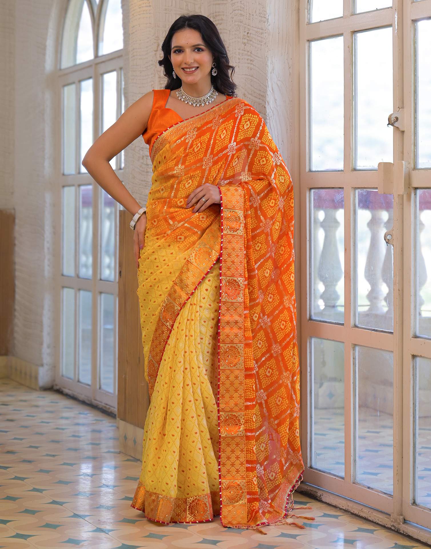 Light Yellow Chiffon Foil Printed Bandhani Saree - Image 2