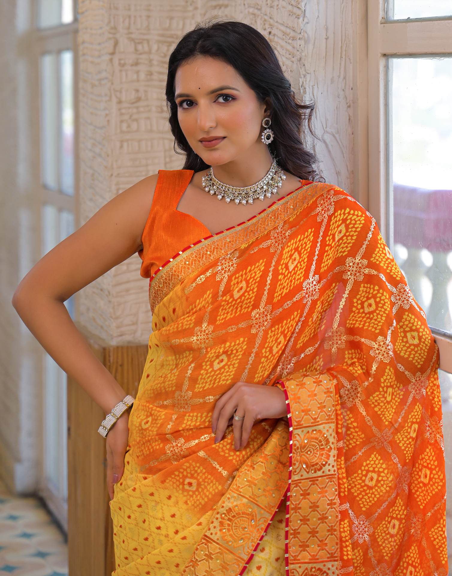 Light Yellow Chiffon Foil Printed Bandhani Saree - Image 4