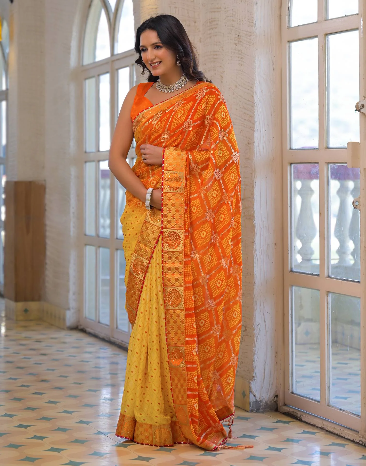 Light Yellow Chiffon Foil Printed Bandhani Saree - Image 5