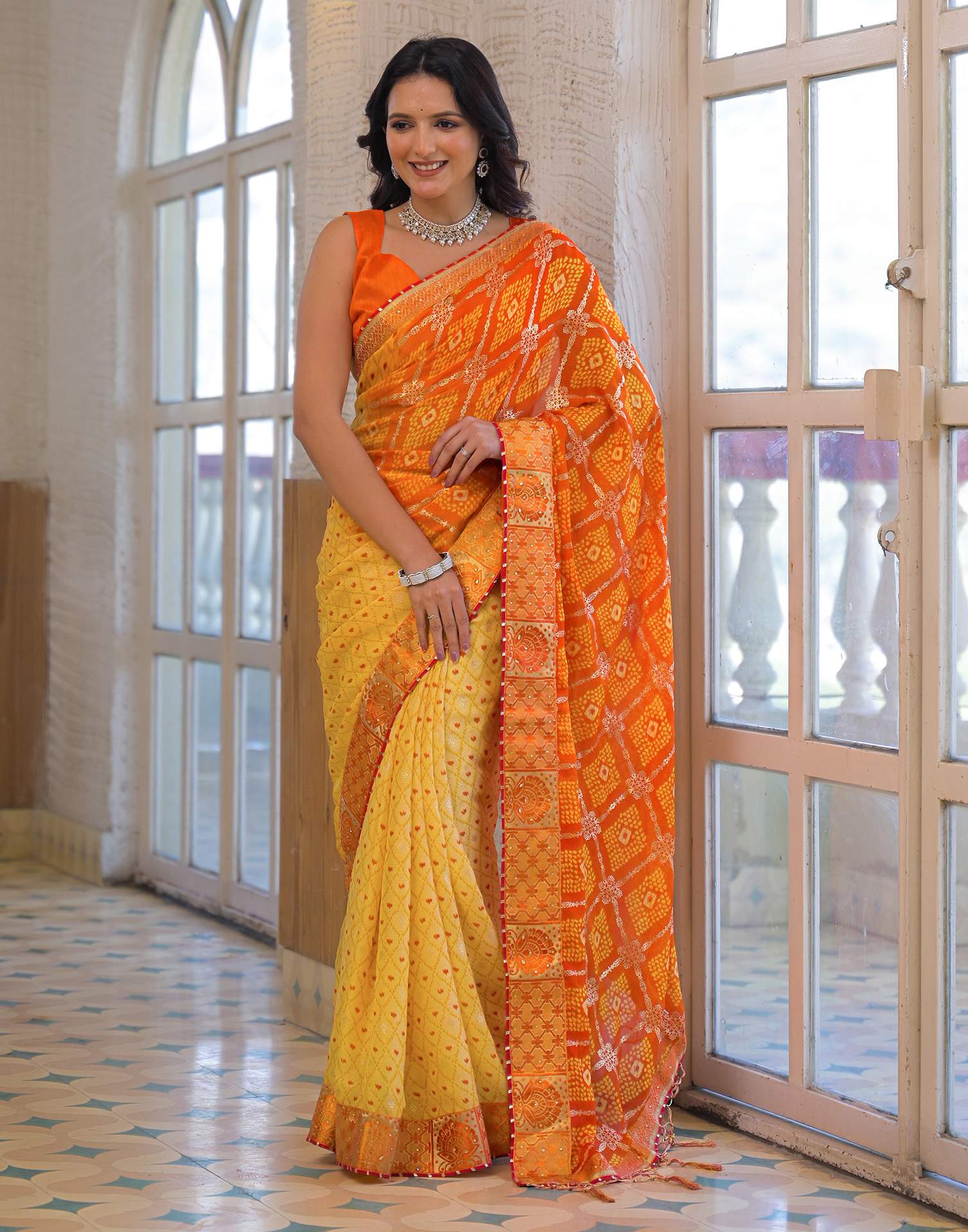 Light Yellow Chiffon Foil Printed Bandhani Saree - Image 8
