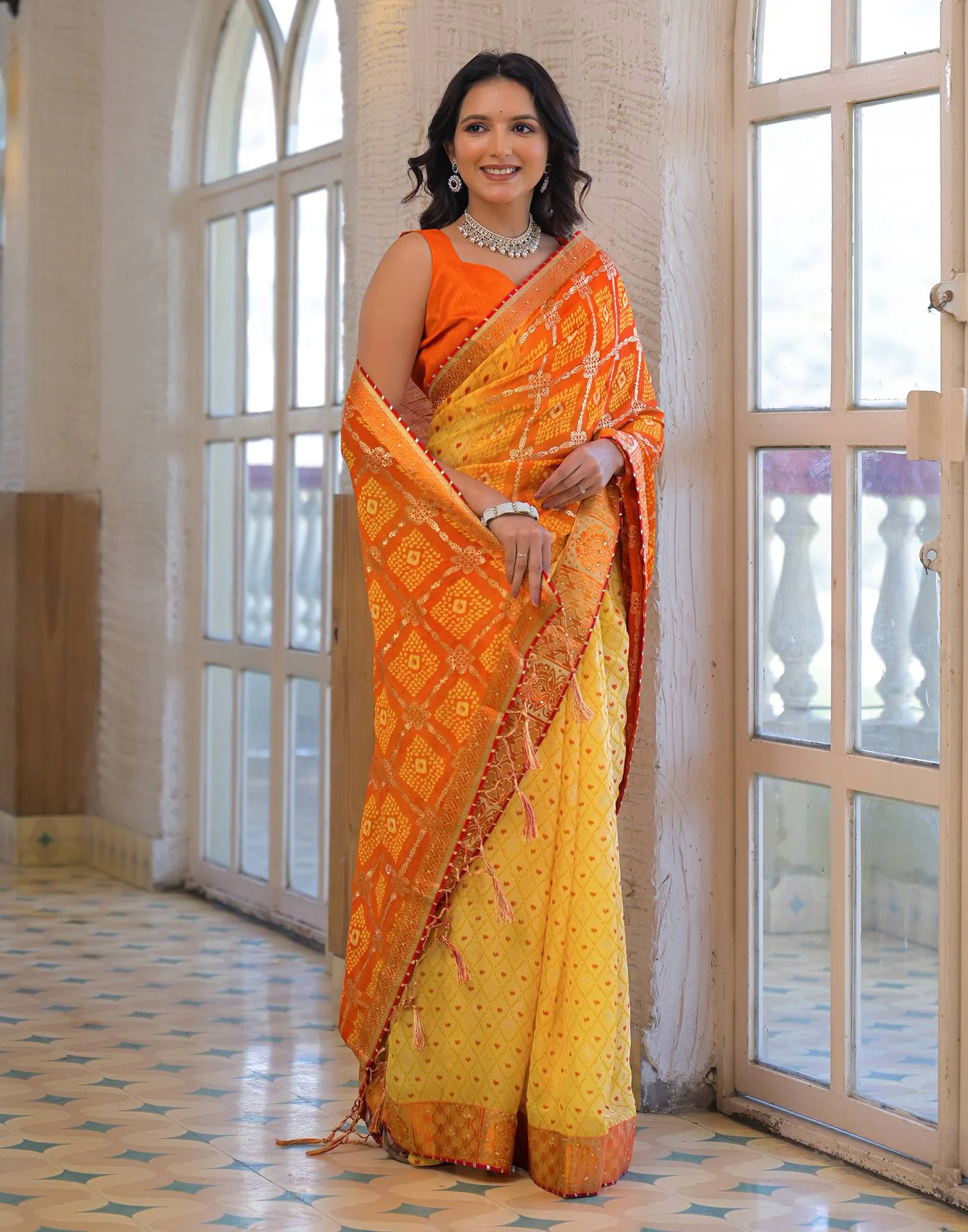 Light Yellow Chiffon Foil Printed Bandhani Saree - Image 9