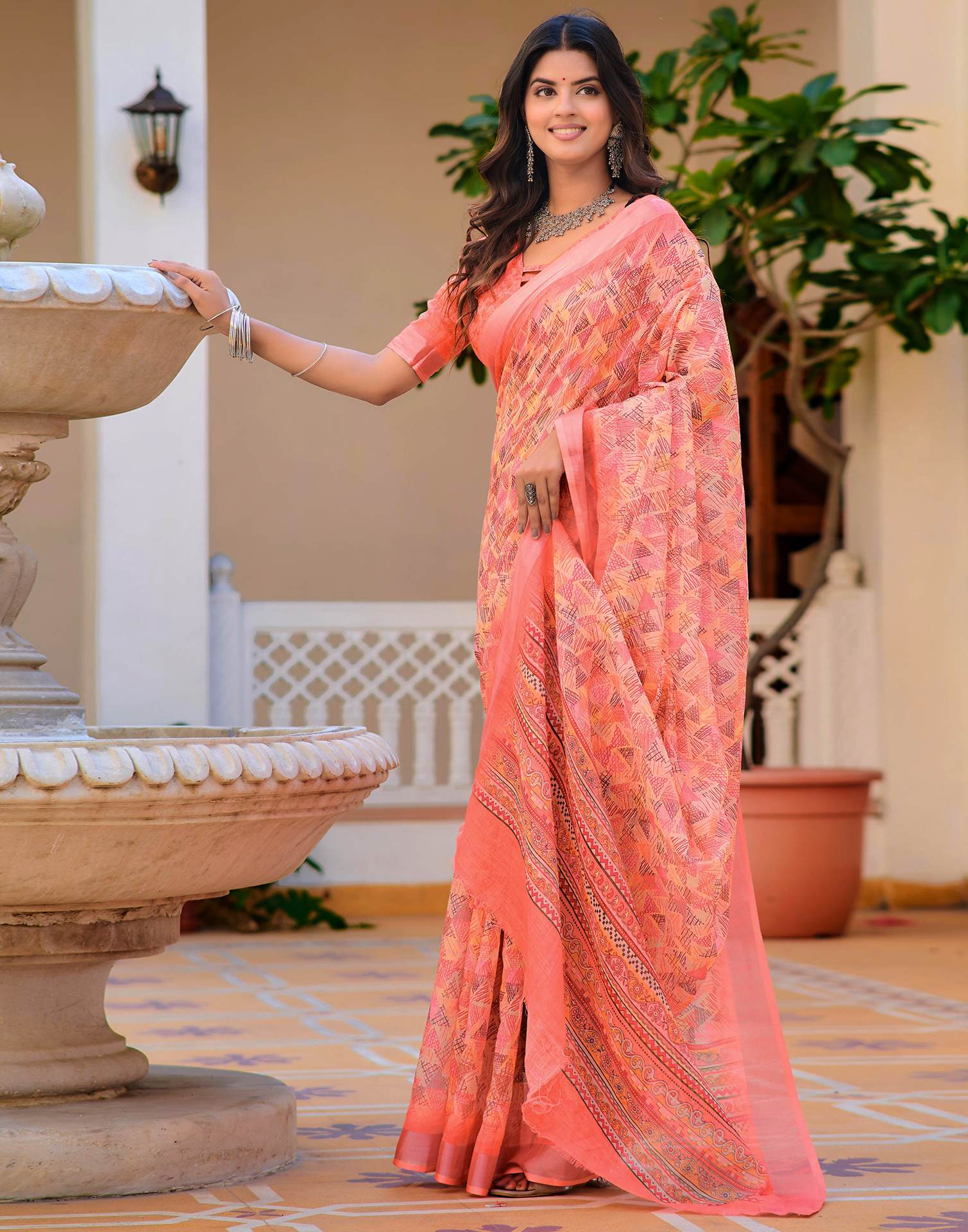 Light Pink Cotton Linen Printed Saree - Image 4