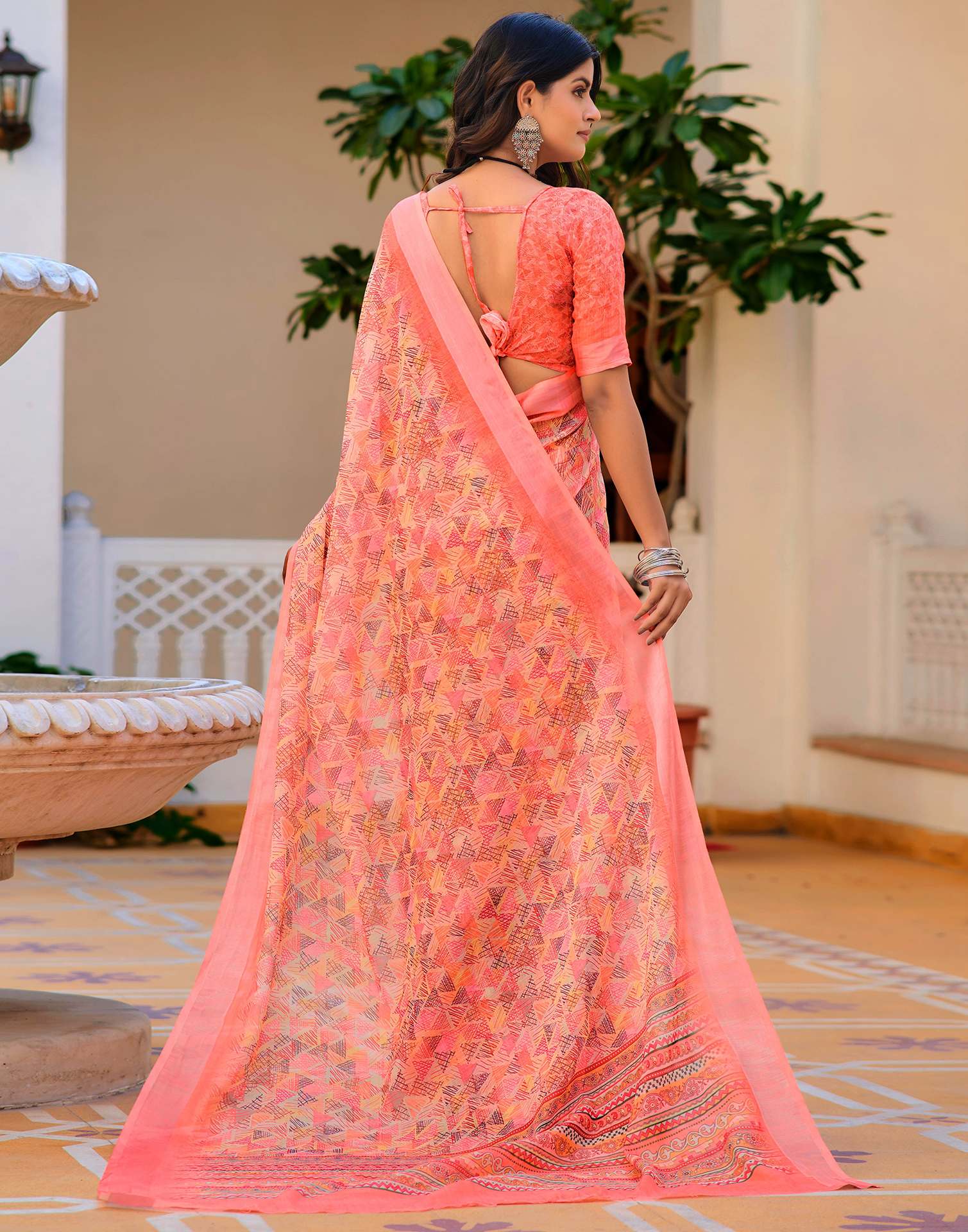 Light Pink Cotton Linen Printed Saree - Image 6