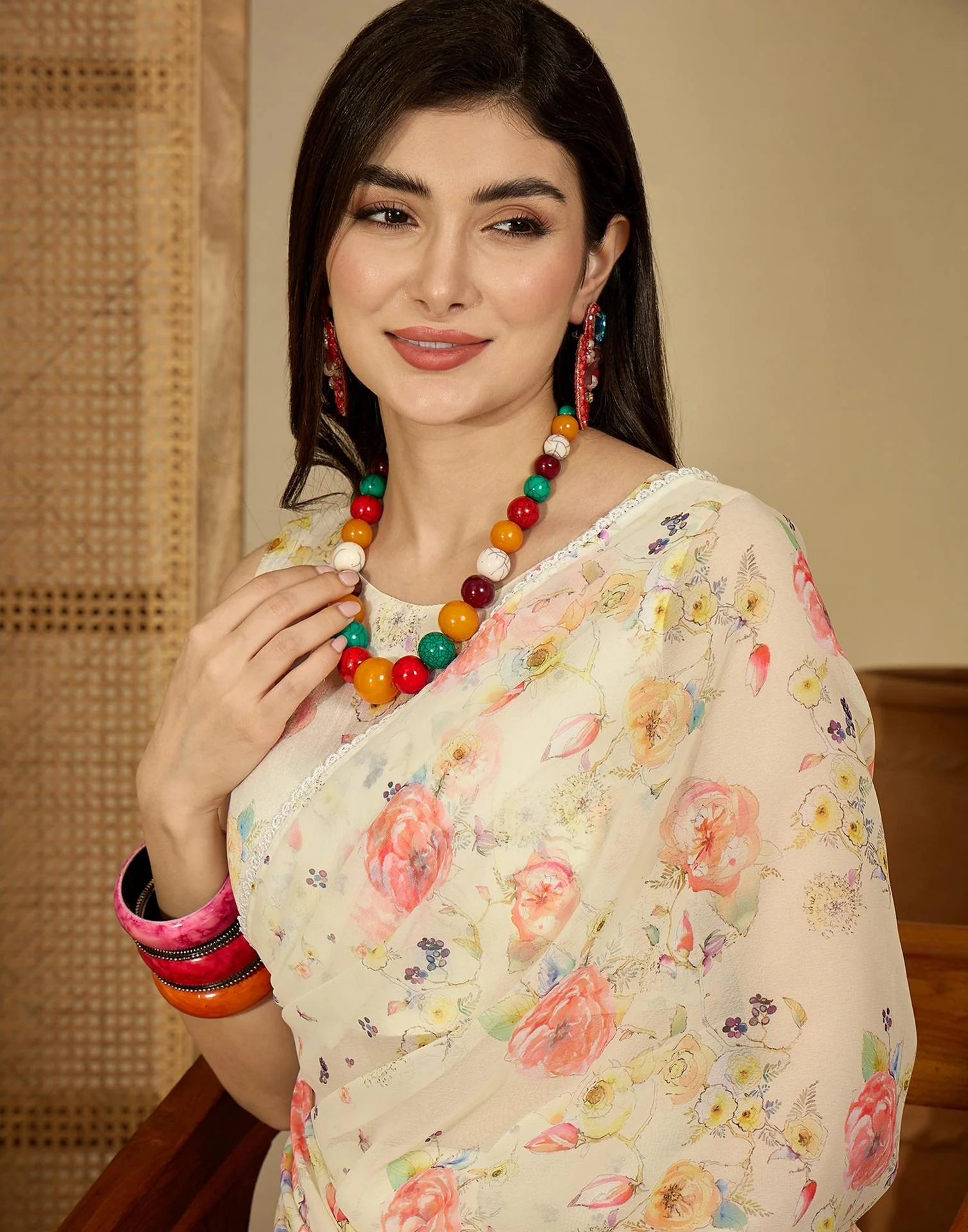 Light Cream Georgette Floral Printed Saree - Image 2