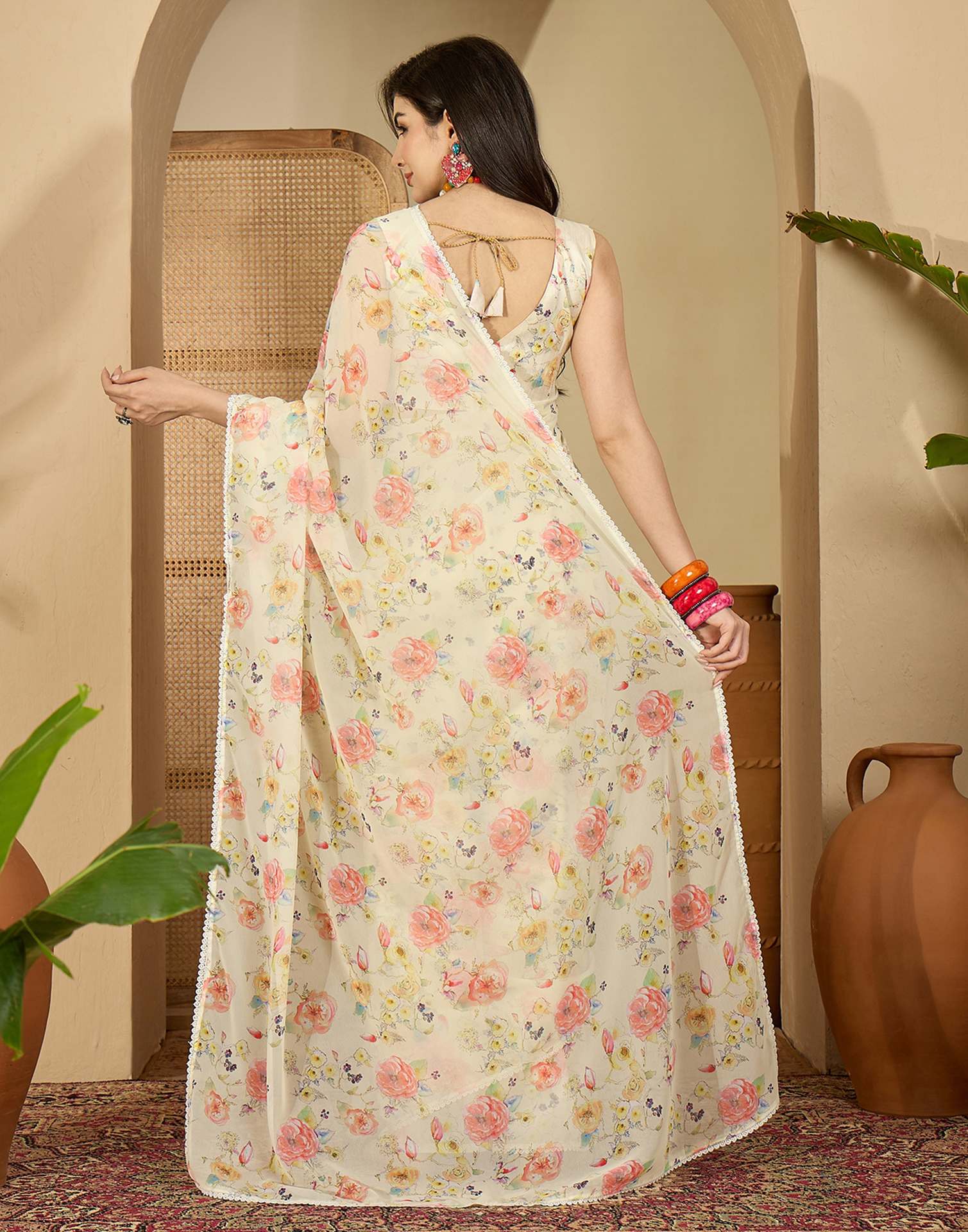 Light Cream Georgette Floral Printed Saree - Image 7