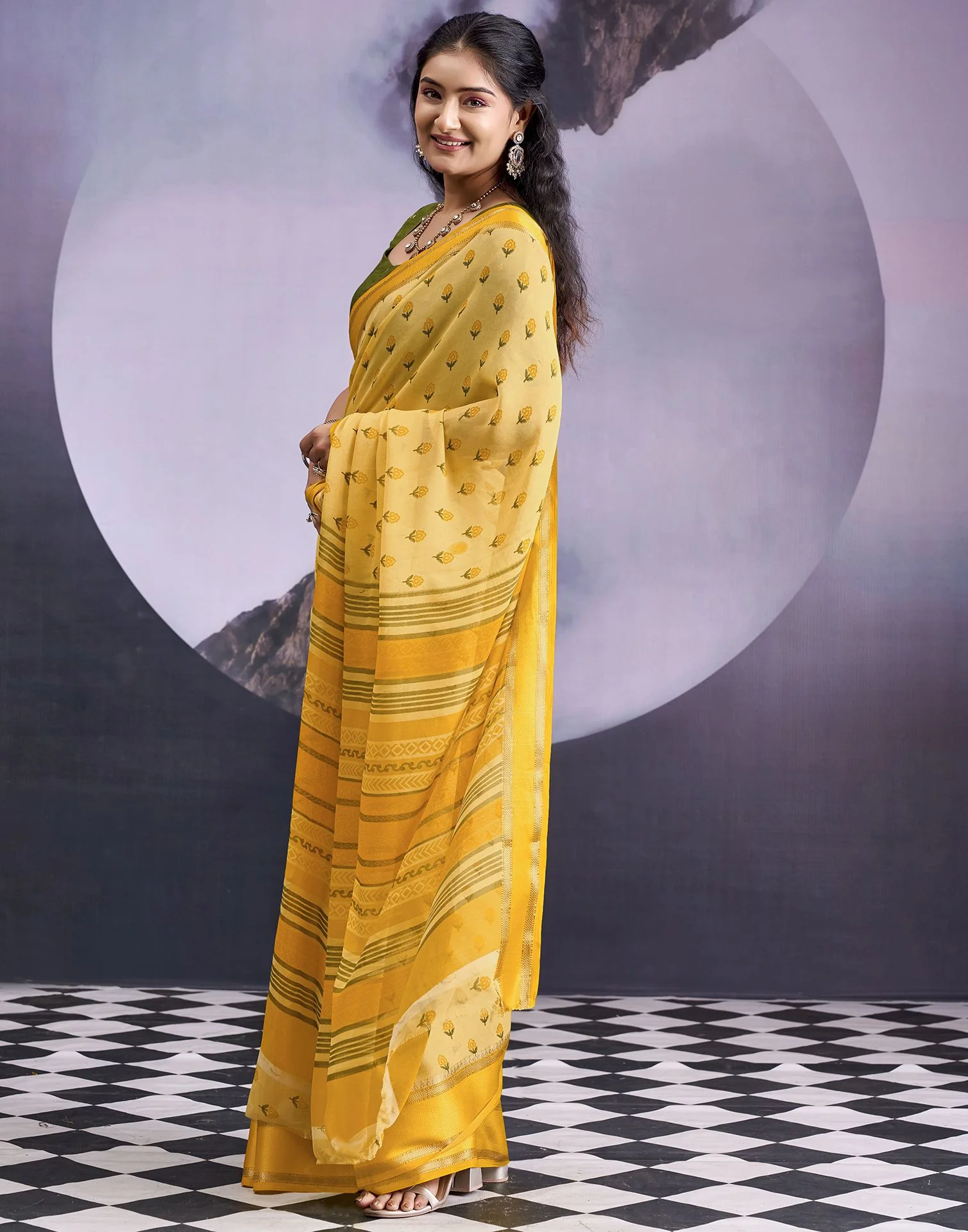 Light Yellow Georgette Floral Printed Saree - Image 4