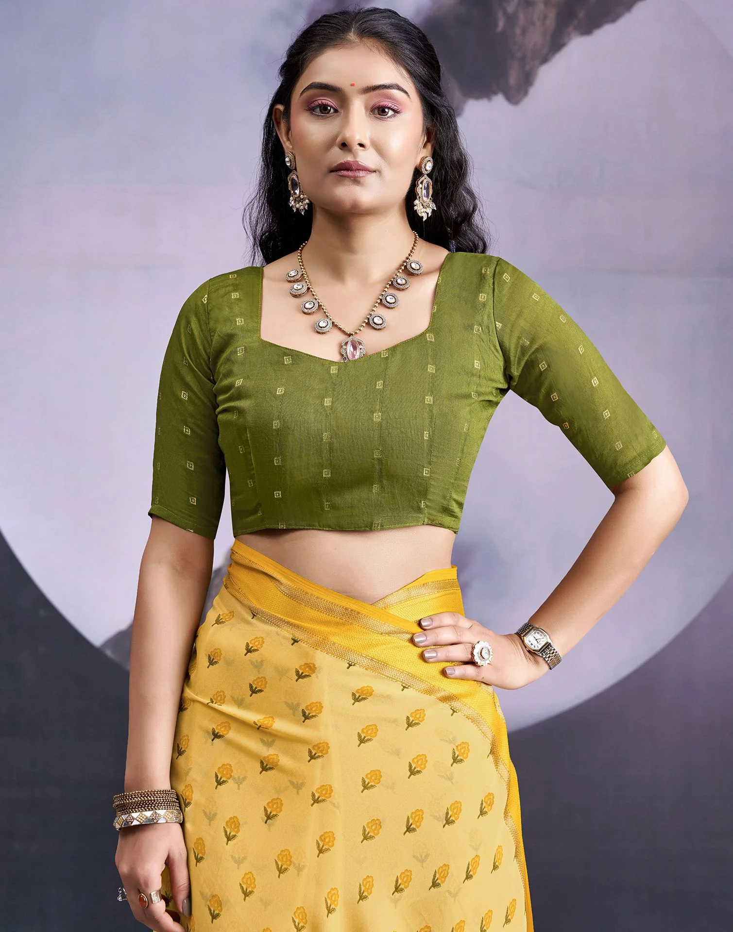 Light Yellow Georgette Floral Printed Saree - Image 7