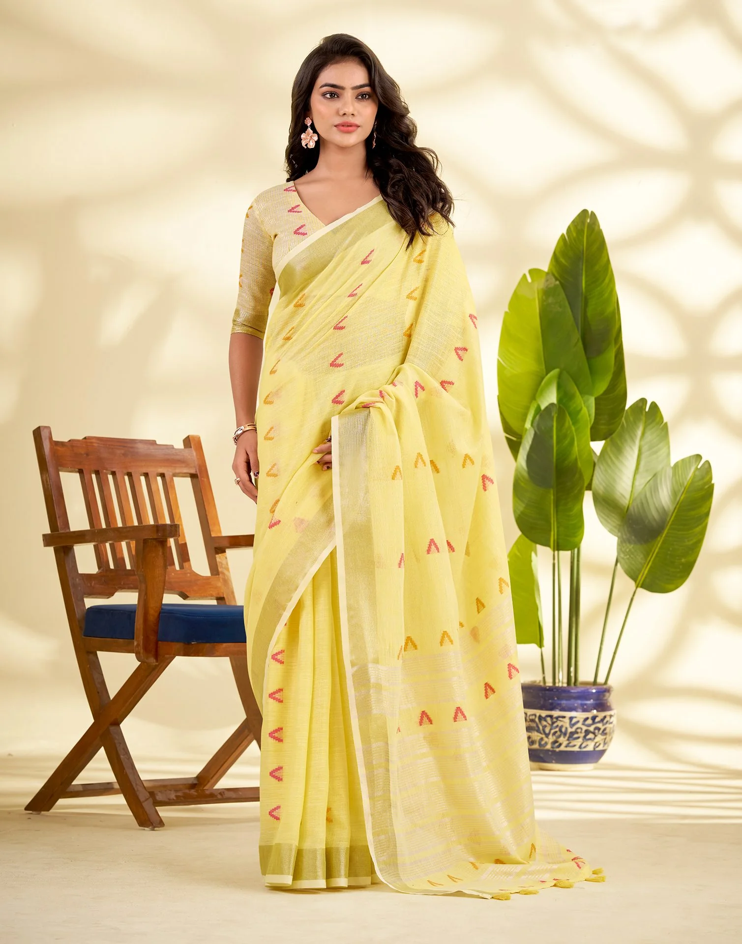 Light Yellow Linen Silk Woven Saree