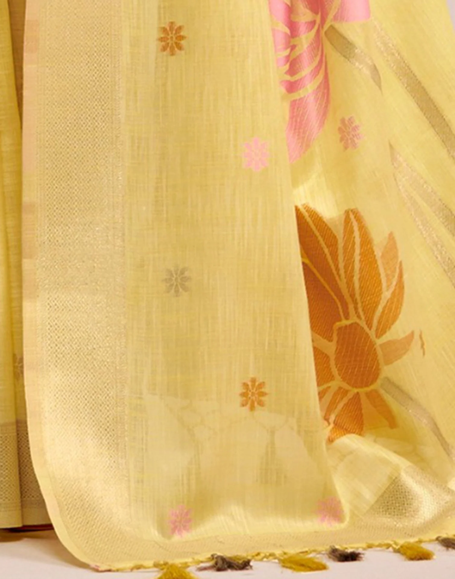 Light Yellow Linen Woven Saree - Image 6
