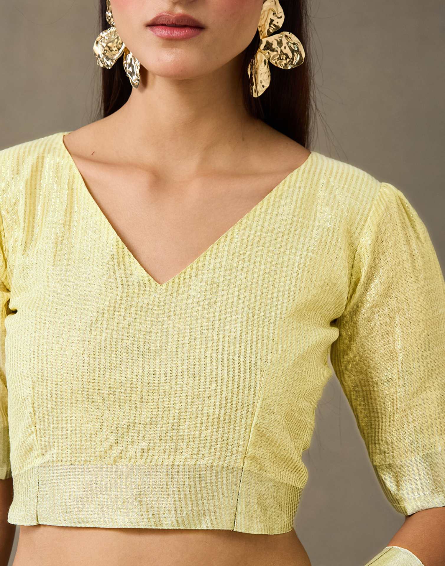 Light Yellow Linen Woven Zari Stripe Saree - Image 10