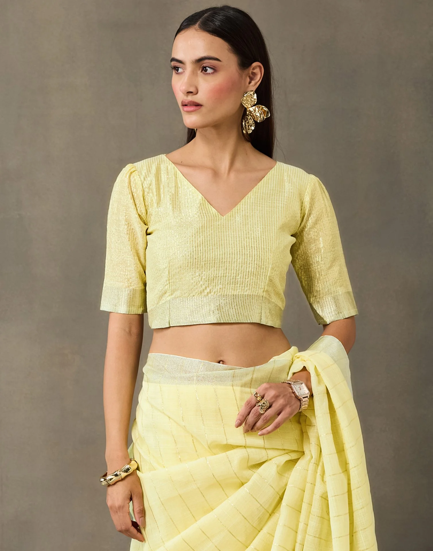 Light Yellow Linen Woven Zari Stripe Saree - Image 11