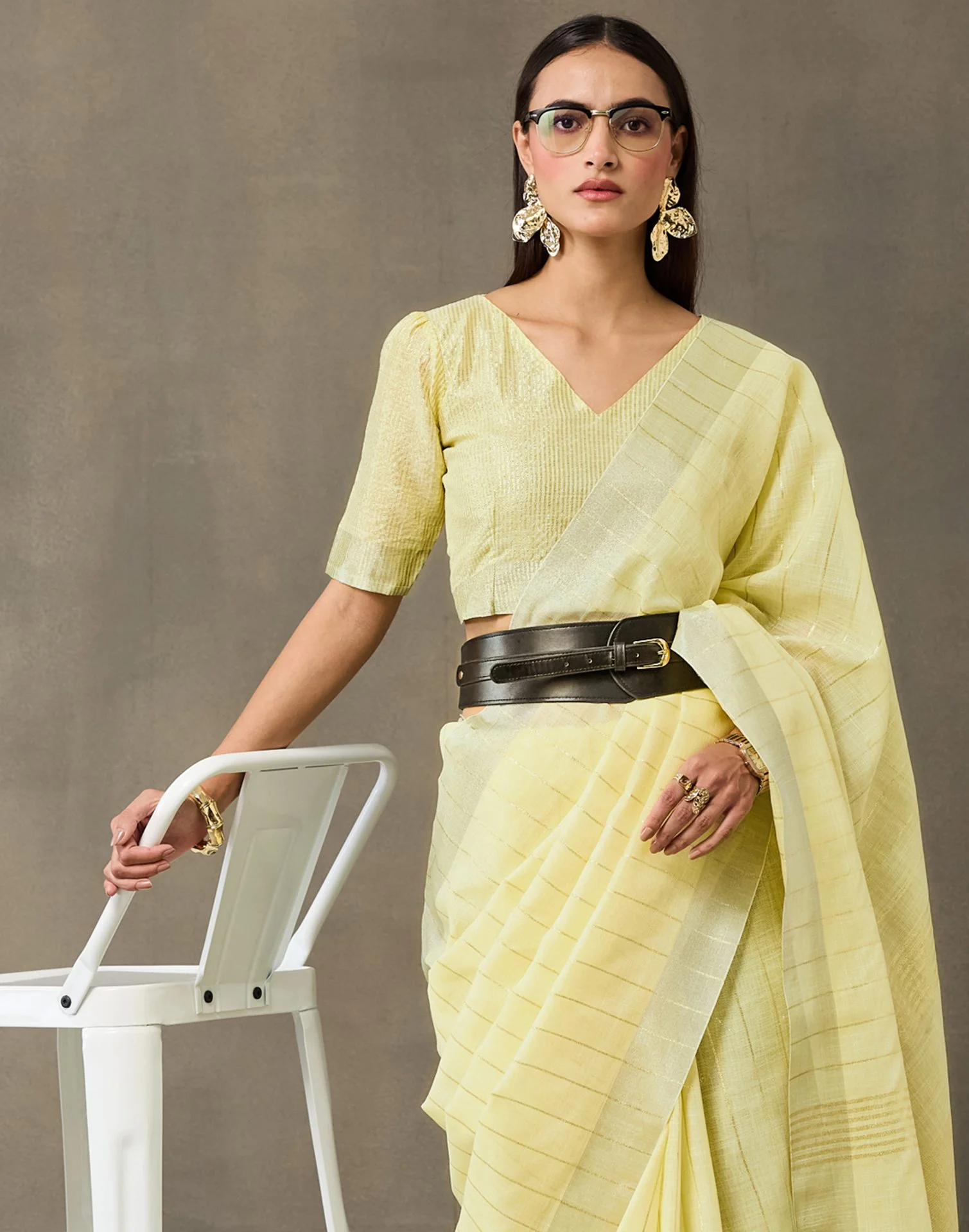 Light Yellow Linen Woven Zari Stripe Saree - Image 2
