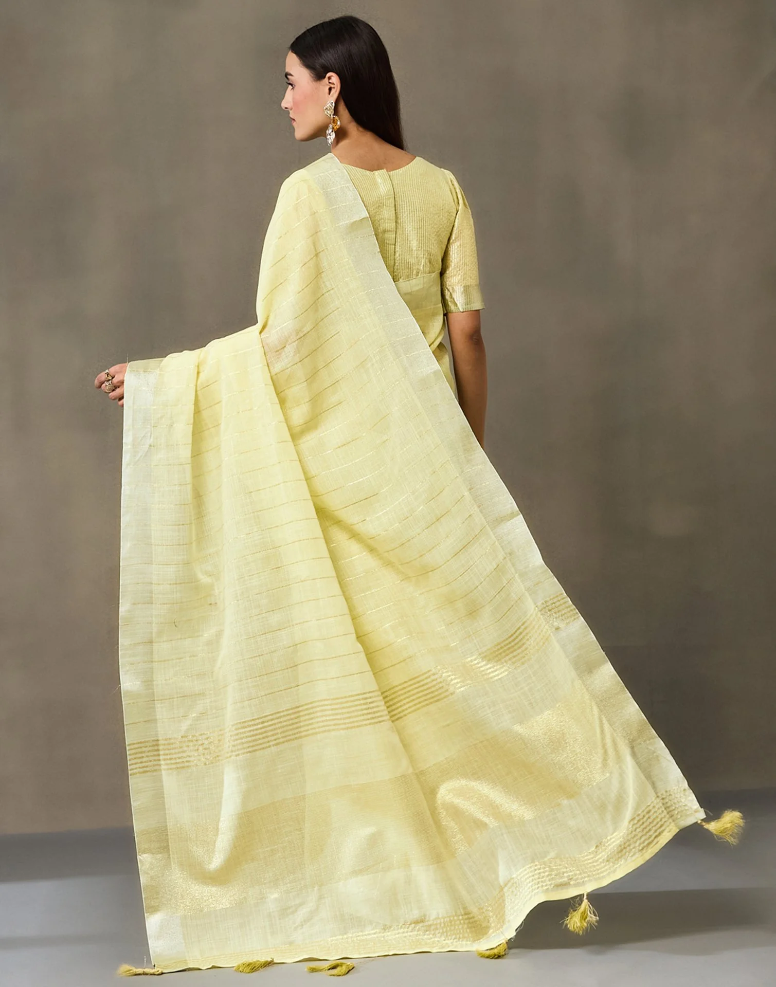 Light Yellow Linen Woven Zari Stripe Saree - Image 5