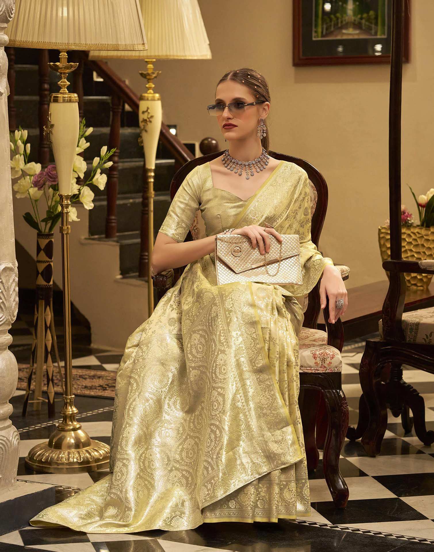Light Yellow Satin Woven Banarasi Saree - Image 4