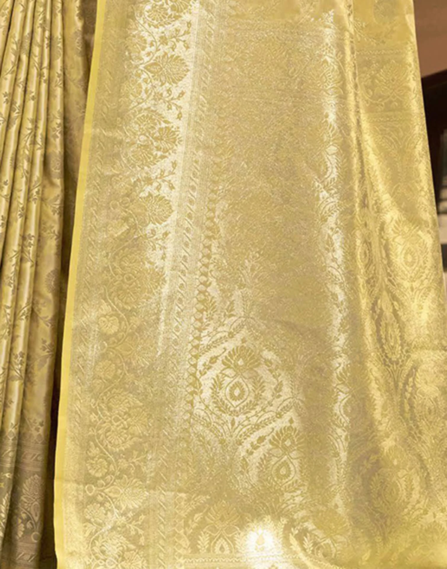 Light Yellow Satin Woven Banarasi Saree - Image 6