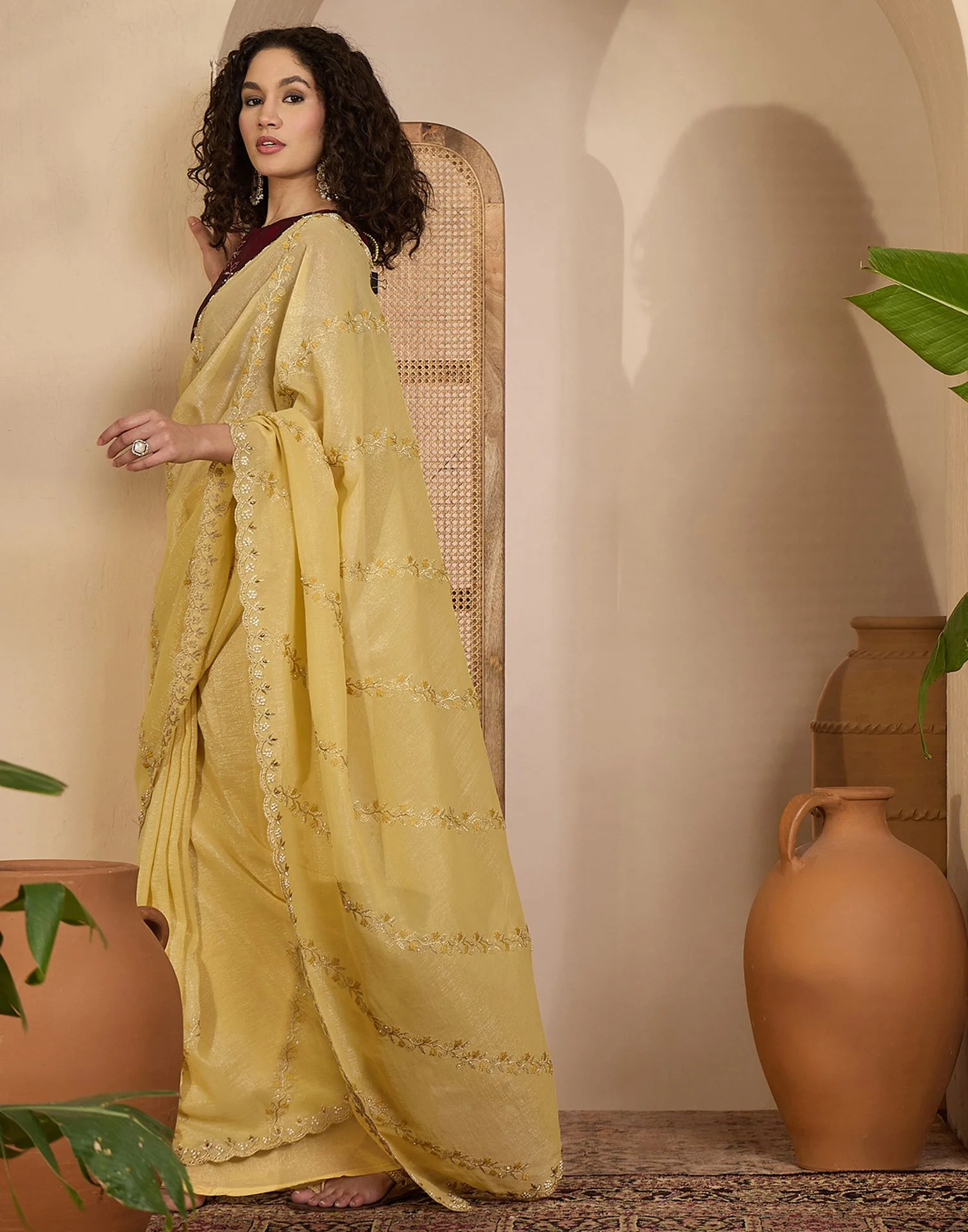 Light Yellow Shimmer Chiffon Sequence Embroidery saree - Image 4