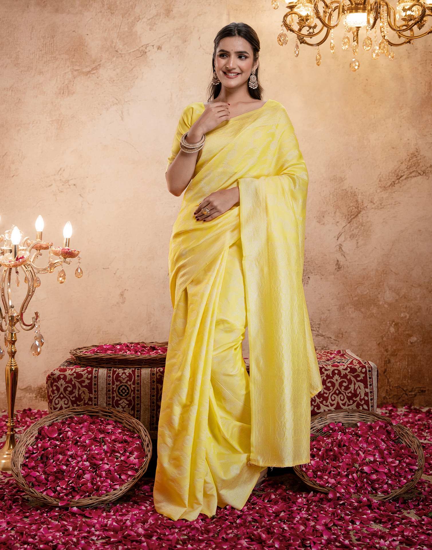 Light Yellow Silk Woven Banarasi Saree - Image 9