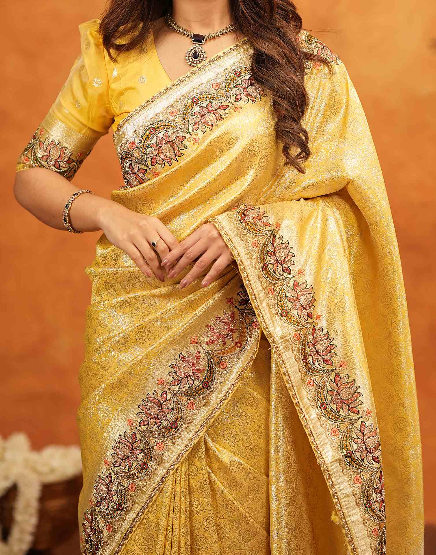 Light Yellow Silk Woven Embroidery Stone Work Banarasi Saree - Image 11