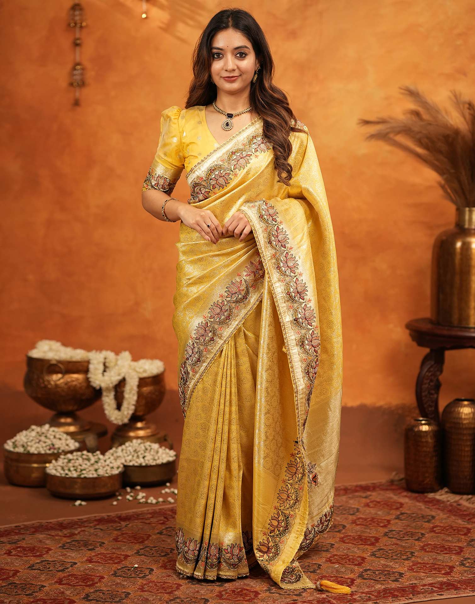 Light Yellow Silk Woven Embroidery Stone Work Banarasi Saree - Image 2