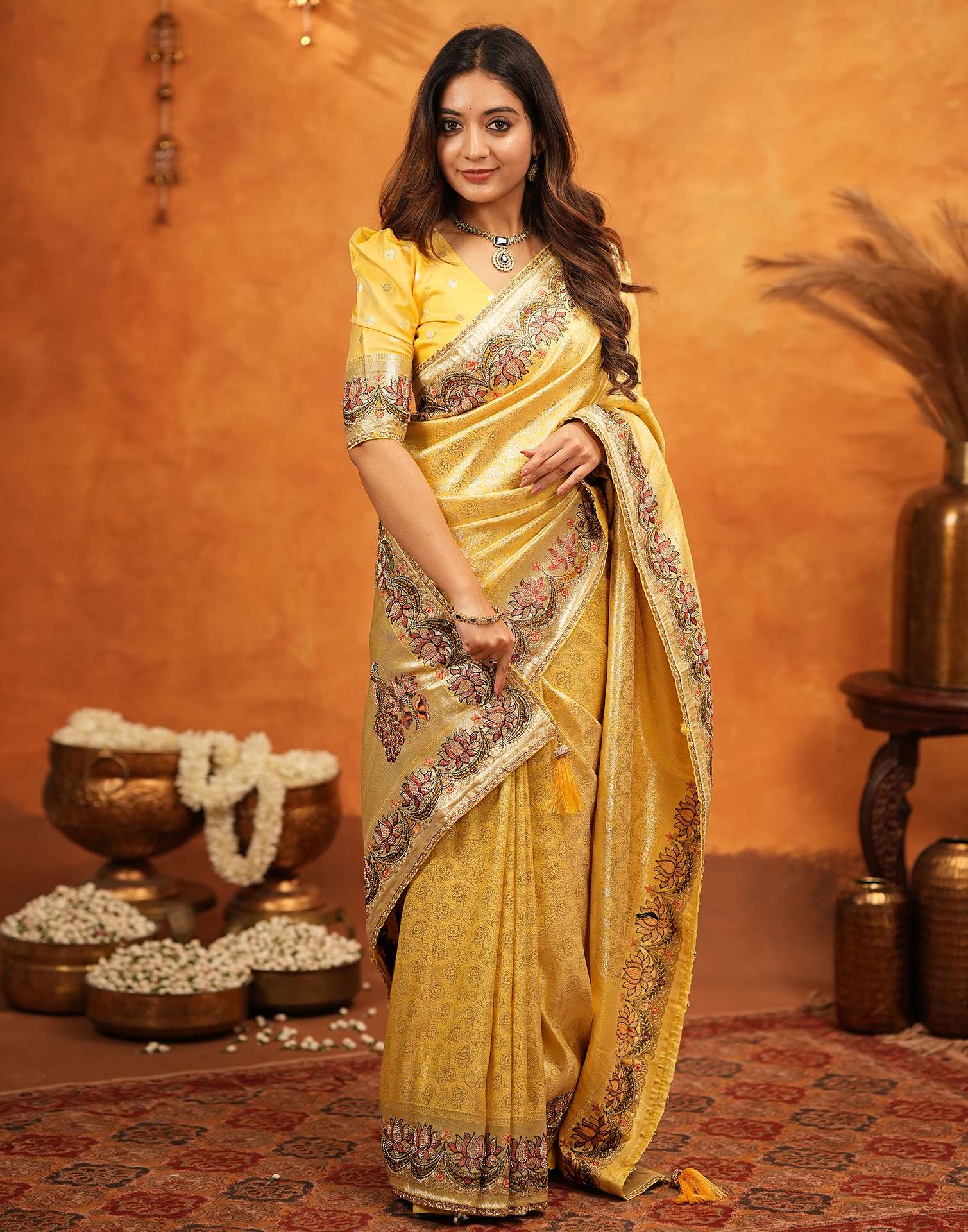 Light Yellow Silk Woven Embroidery Stone Work Banarasi Saree - Image 6