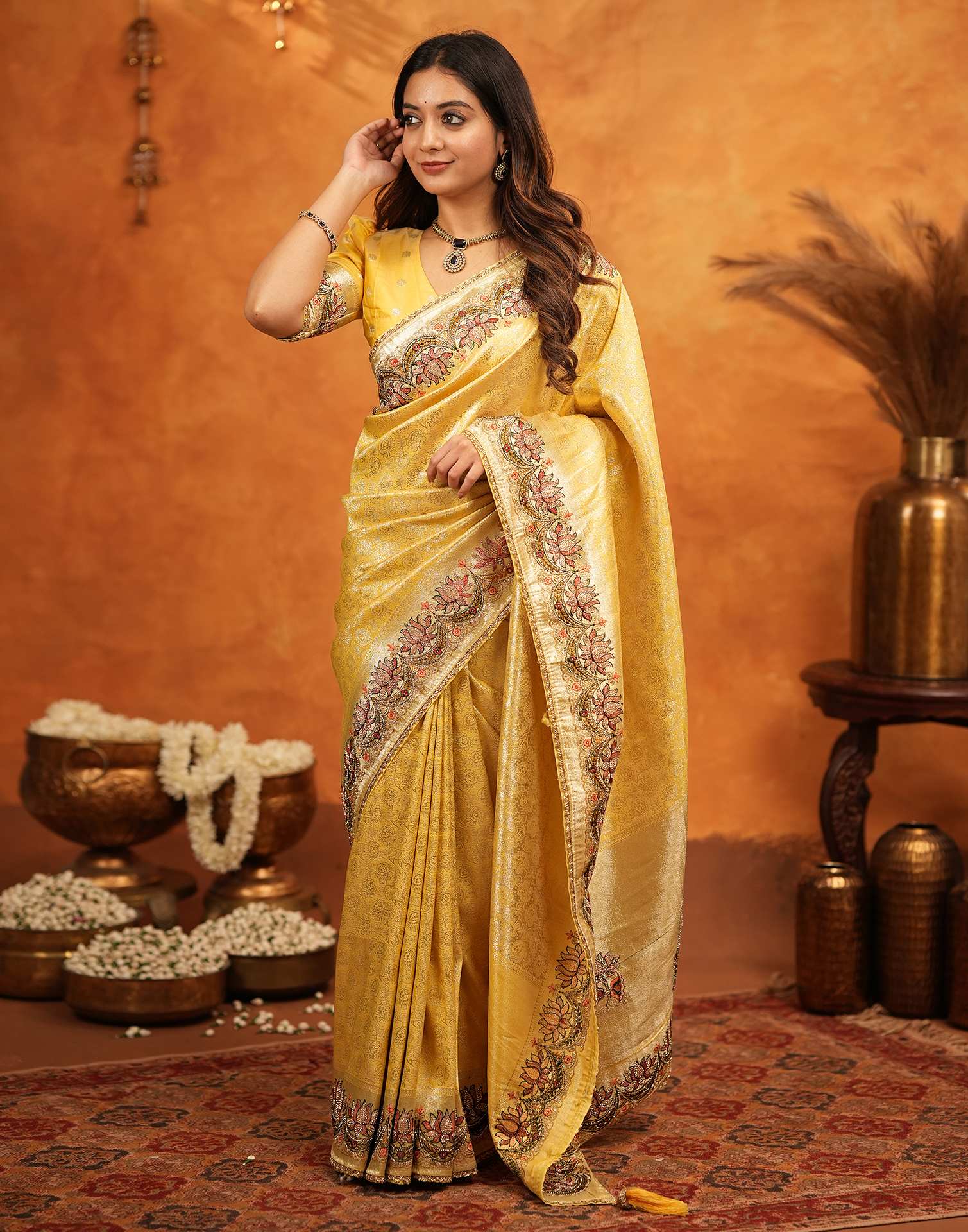 Light Yellow Silk Woven Embroidery Stone Work Banarasi Saree - Image 8