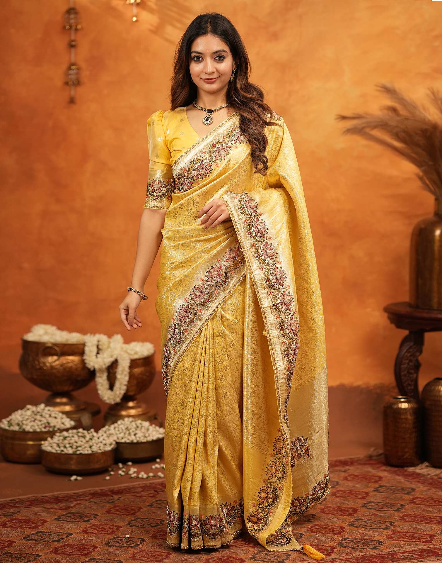 Light Yellow Silk Woven Embroidery Stone Work Banarasi Saree - Image 9