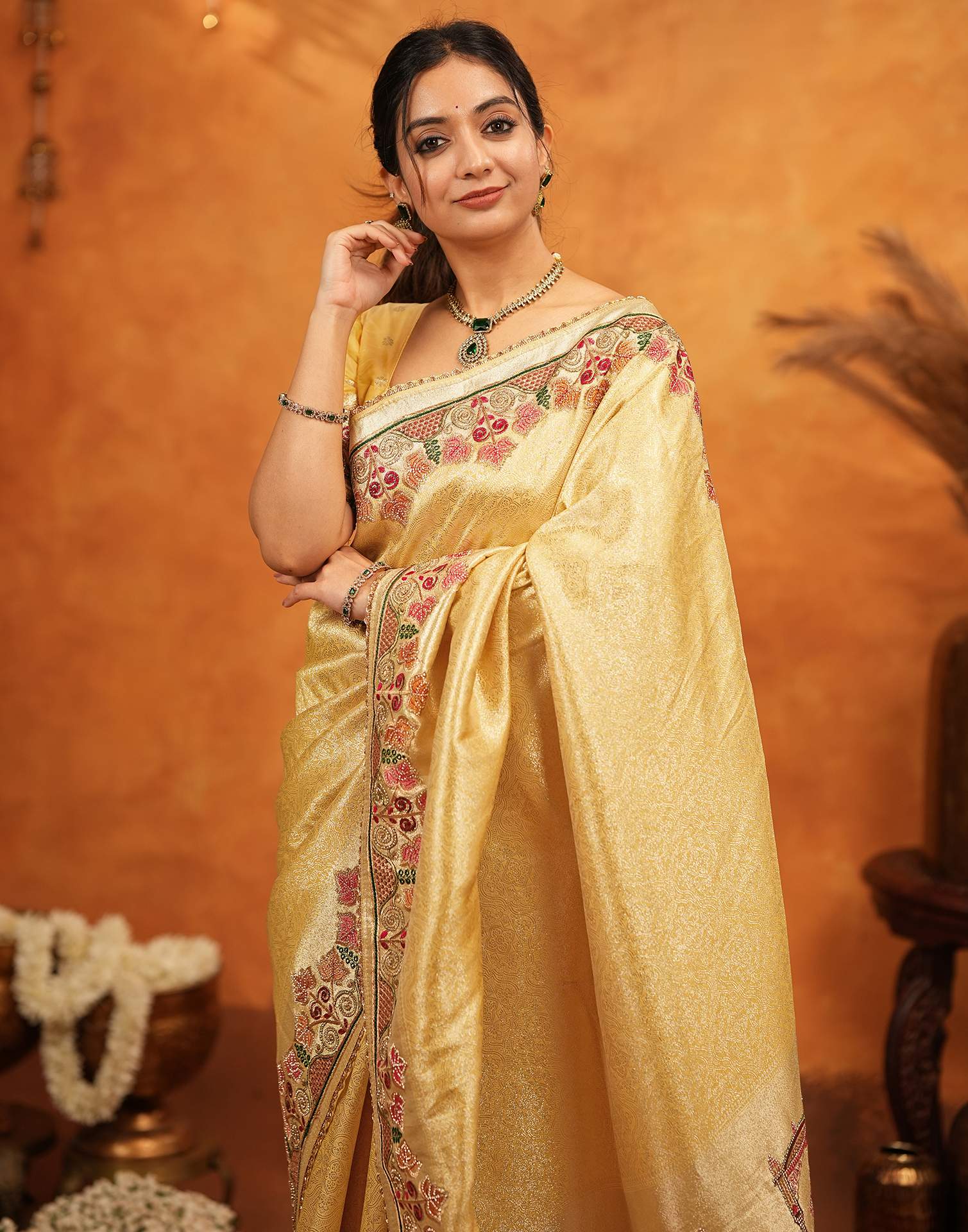 Light Yellow Silk Woven Embroidery Stone Work Banarasi Saree - Image 10