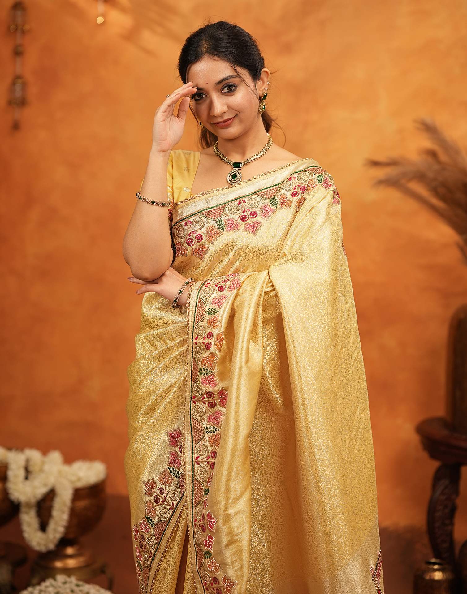 Light Yellow Silk Woven Embroidery Stone Work Banarasi Saree - Image 11