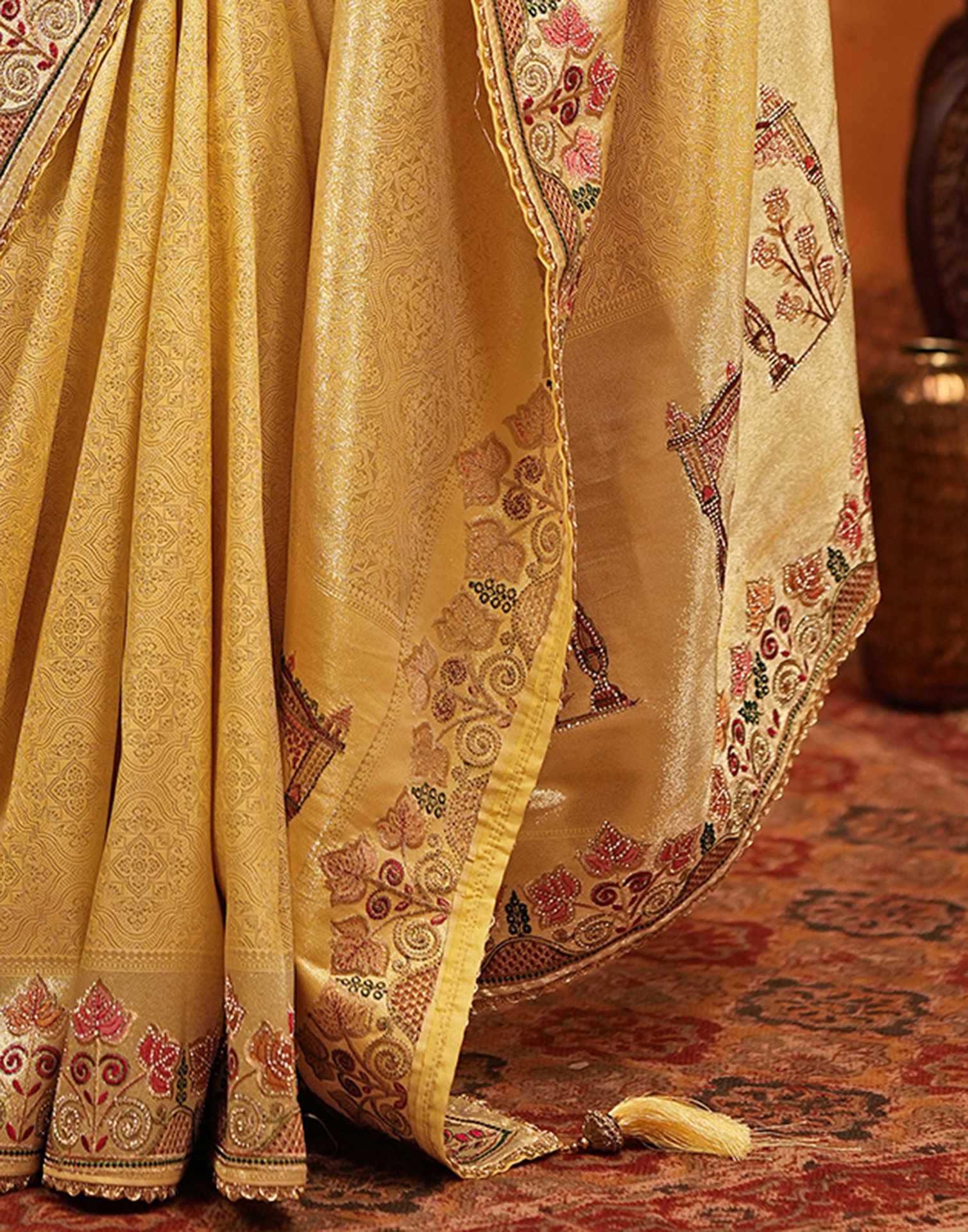 Light Yellow Silk Woven Embroidery Stone Work Banarasi Saree - Image 12