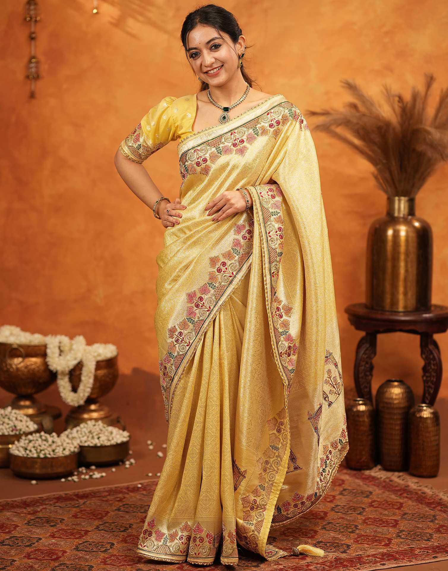 Light Yellow Silk Woven Embroidery Stone Work Banarasi Saree - Image 5