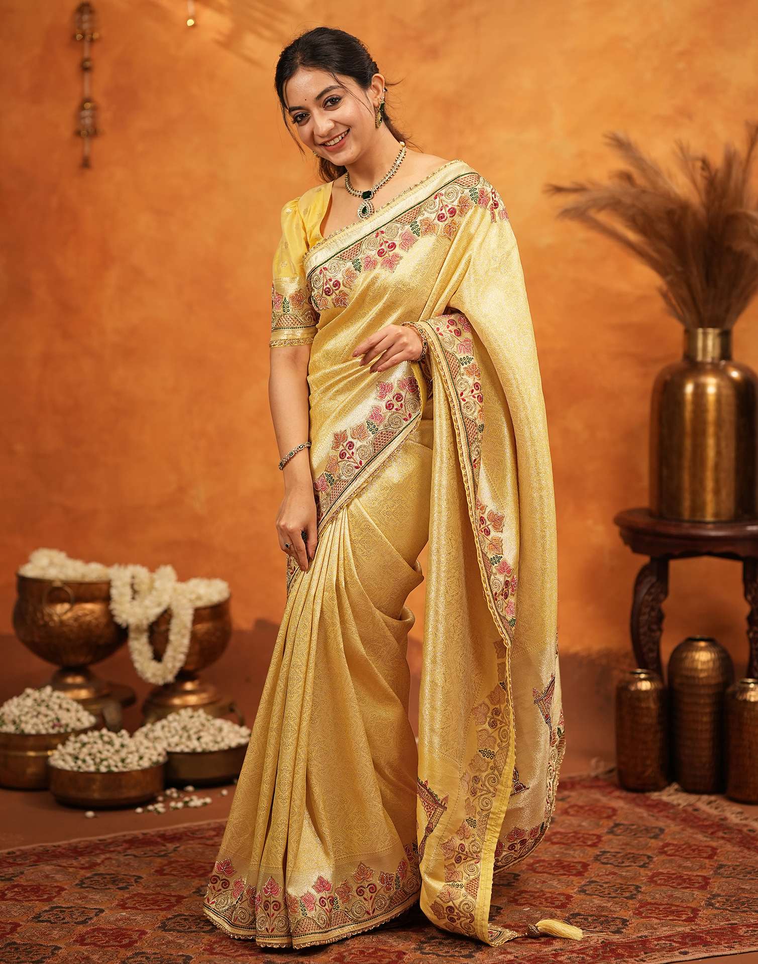 Light Yellow Silk Woven Embroidery Stone Work Banarasi Saree - Image 8